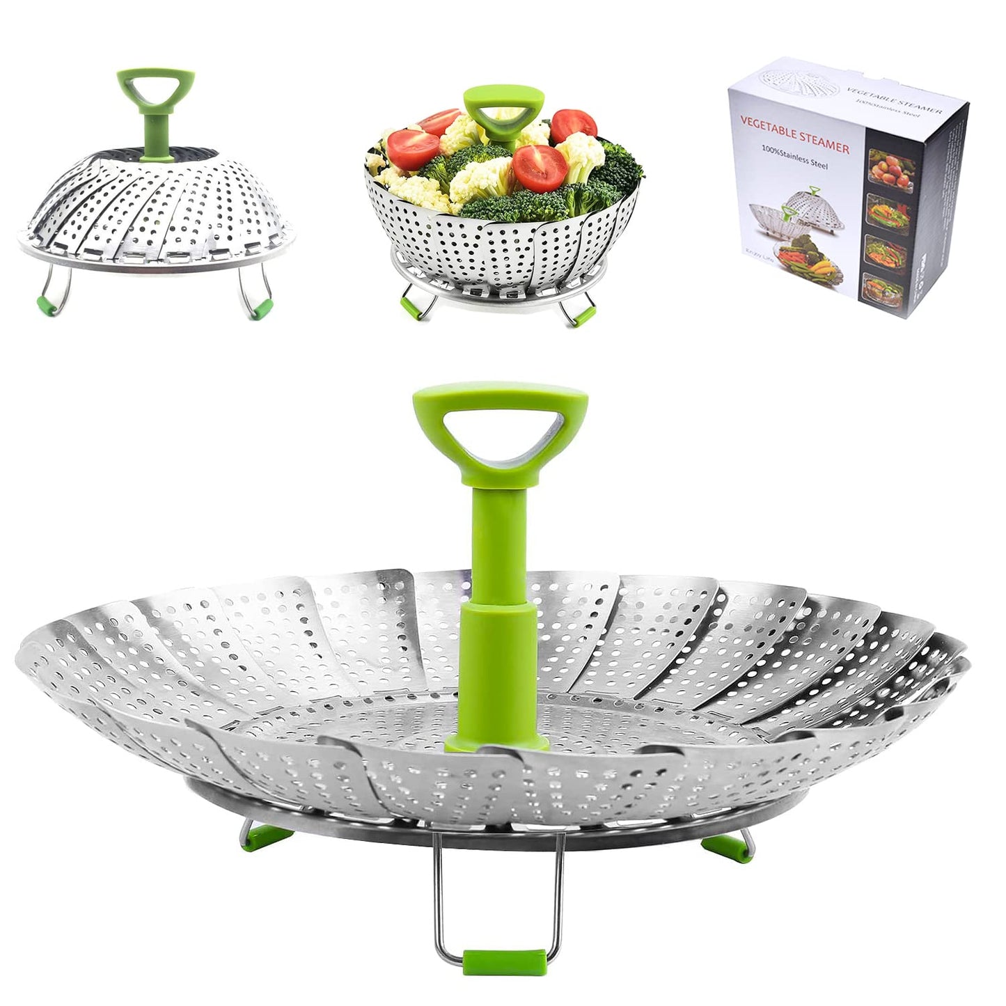 BangShou Steaming Basket for Cooking, Stainless Steel Vegetable Steamer for Saucepan, Metal Collapsible Pan Steamer Insert for Food, Small Folding Veg Petal Steamer with Handle (Upgrade 9'') Upgrade 9''