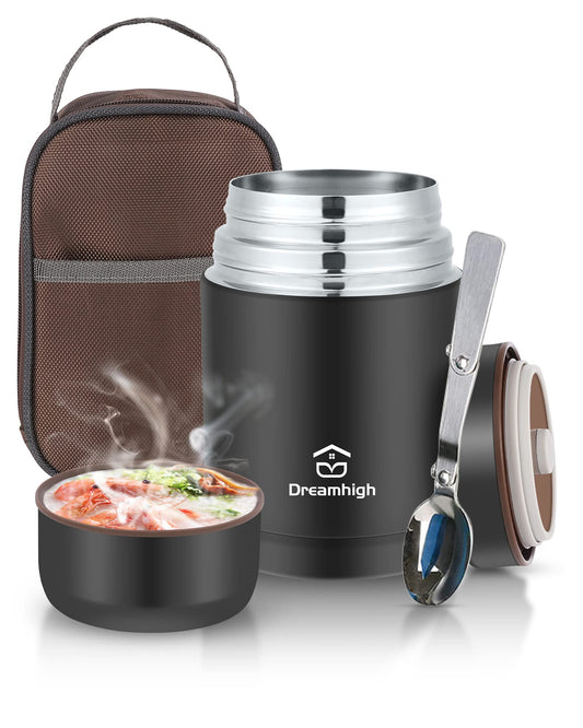 Dreamhigh® Thermos Food Flask, 800ml, Soup Flask with Spoon, Stainless Steel Vacuum Insulated Food Container, Leak-Proof, with Carrying Bag, Keep Hot/ Cold for 12 Hours (Black) Black