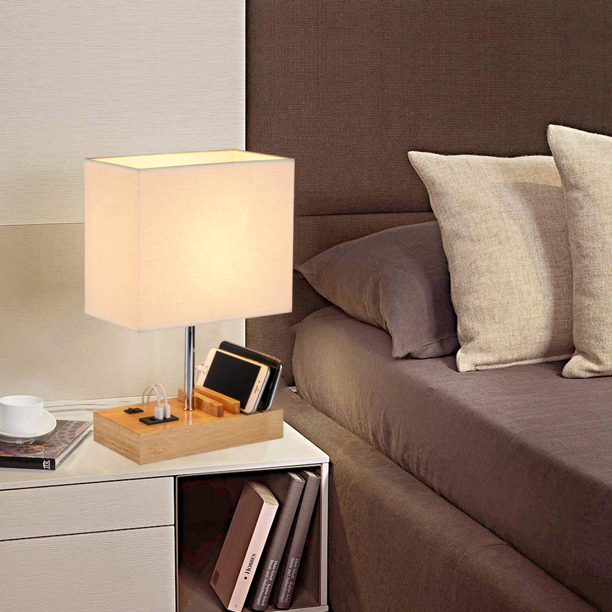 USB Bedside Table Lamp, HHome Plus Desk Lamp with 3 USB Charging Ports and Phone Charge Dock, Wood Charging Station and Organizer, Perfect Light for Bedroom, Guest Room, Living Room, Office Linen Shade