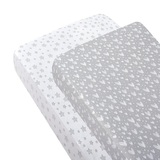 Cot Bed Fitted Sheets(140x70cm) 2 Pack, 100% Cotton Jersey Sheets for Standard Cot Mattress, Ultra Soft and Breathable Toddler & Baby Bed Sheets, White & Grey Print 140x70cm(Pack of 2)