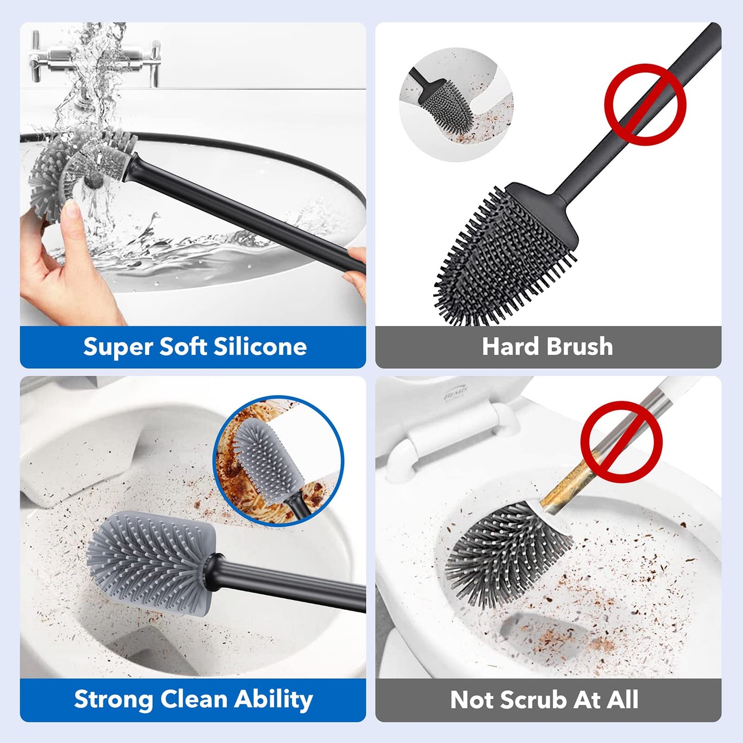 Toilet Brush, Silicone Toilet Brush with Holder Set, Dead Corner Deep Cleaning Loo Brush & Quick Drying Holder & Wall Mounted Flexible Long Handled Toilet Brushes for Bathroom Black