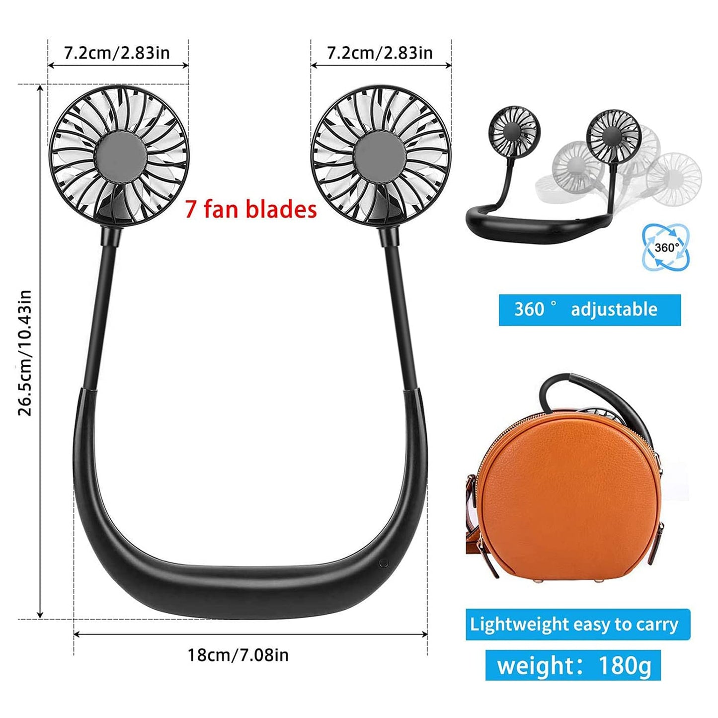 Portable Neck Fan Rechargeable Hanging Neck Fans for Women, Personal Hand Free Handy Cooling Fan Round Neck with Headphone Design, Wearable Neckband Fan for Sports Outdoor, Holiday Travel Essentials Black