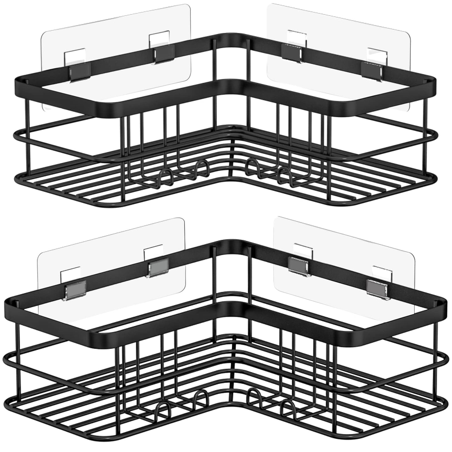 Yazoni Corner Shower Caddy, Adhesive Shower Shelves No Drilling [2-Pack], Rustproof Stainless Steel Bathroom Shower Organizer Wall Mounted with 8 Hooks (Black) 2-Pack Black