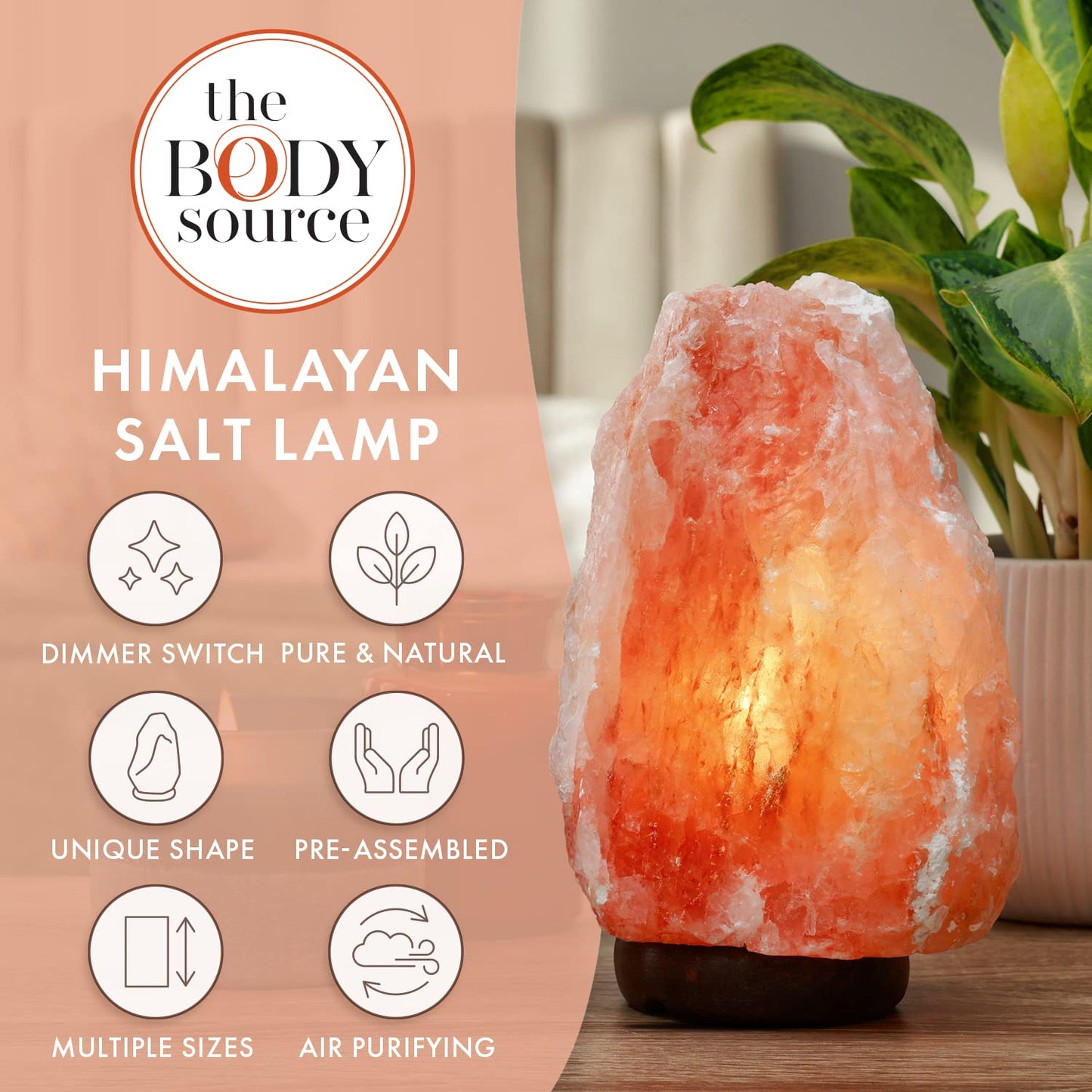 The Body Source Himalayan Salt Lamp (3-5kg) with Dimmer Switch - All Natural and Handcrafted with Wooden Base 3-5 KG