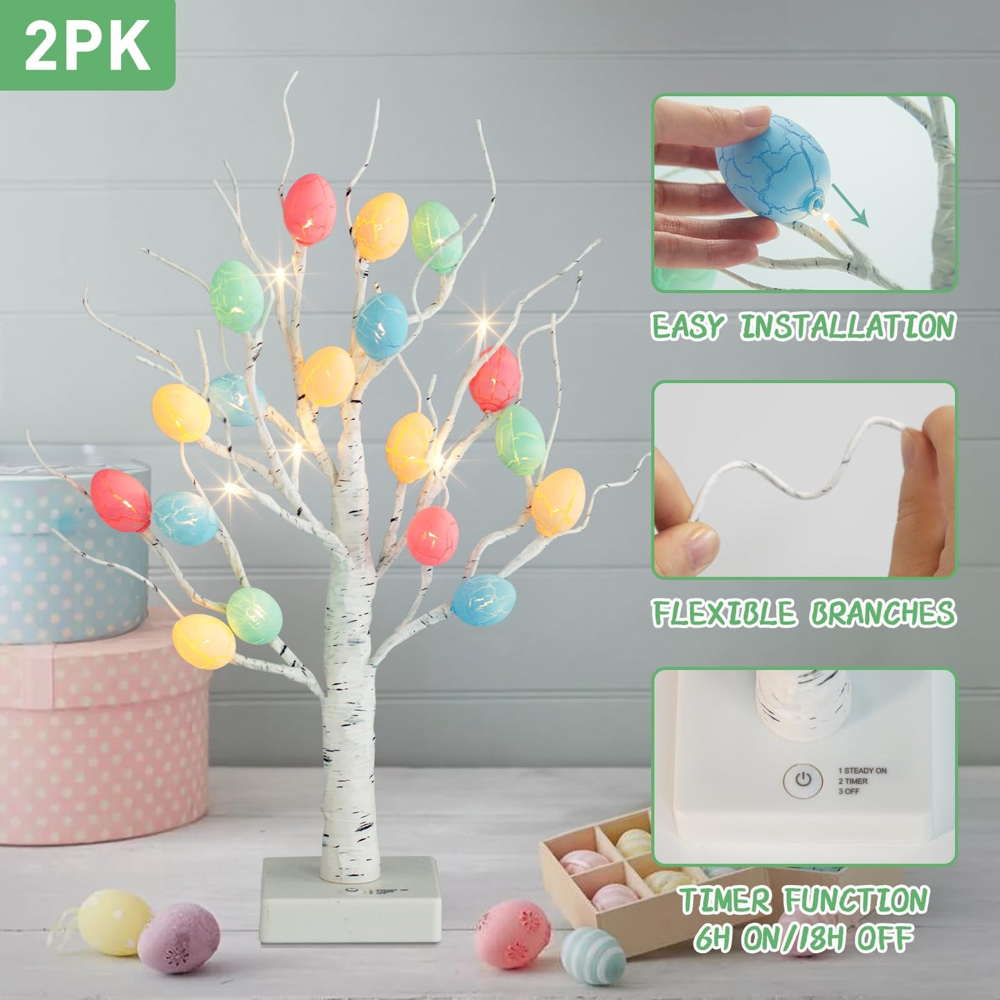 Eambrite Set of 2 Easter Decorations Eggs Tree for Home Table Decor, White Twig Tree Battery Operated with Timer, Easter Gifts for Kids and Adults (22'', 24 Warm White LED)