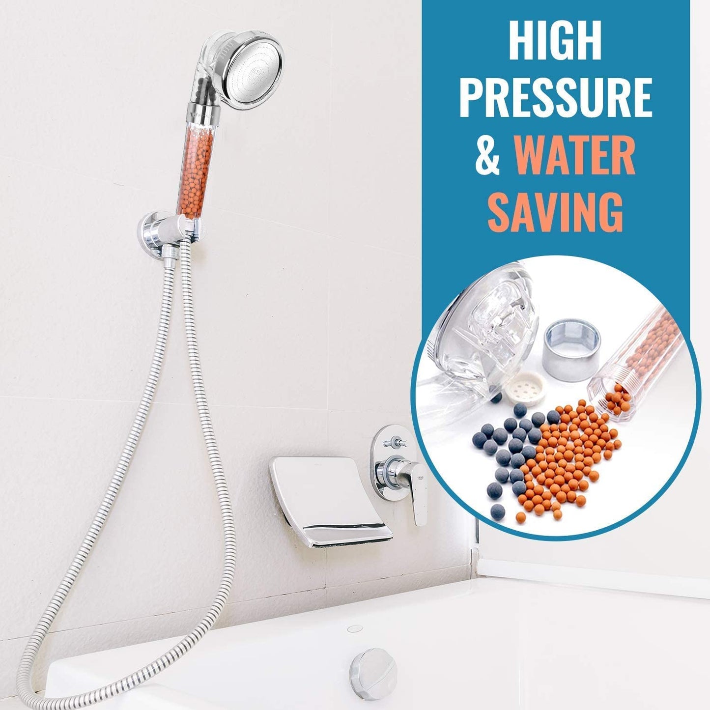 ROYALTEC Ionic Shower Head 3 Way Function, Higher Pressure Water Saving, with Extra Replacement Stones