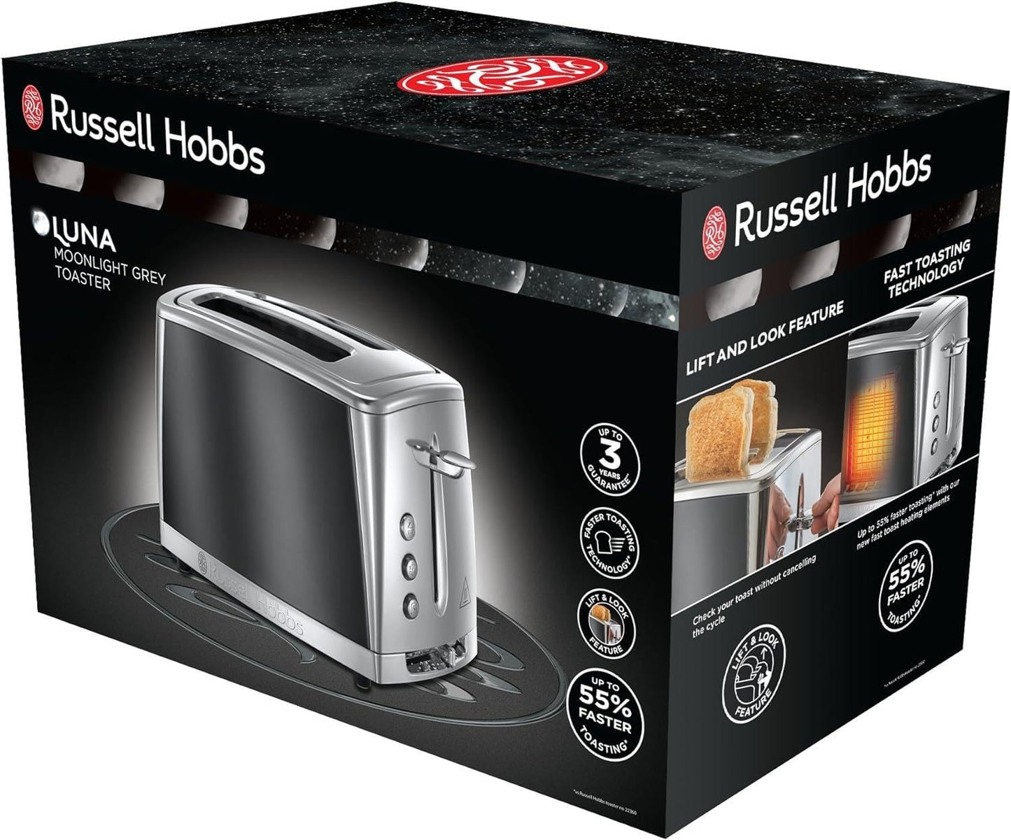 Russell Hobbs 2 Slice Luna Toaster with faster toasting Technology (6 Browning levels, Defrost/Reheat/Cancel function, Lift & Look feature, Removable crumb tray, Cord storage, 1500W) Grey 23221