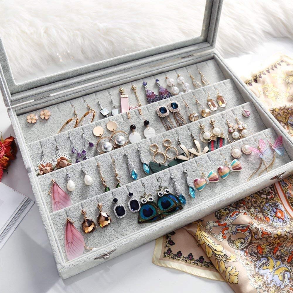 BIENSER Earrings Organiser, Velvet Clear Lid Earring Holder & 40 Pairs Earrings Storage Box, Jewellery Boxes Display Showcase Case Lockable, Dustproof, 13.14"(L) X 9.18"(W) Earrings Box