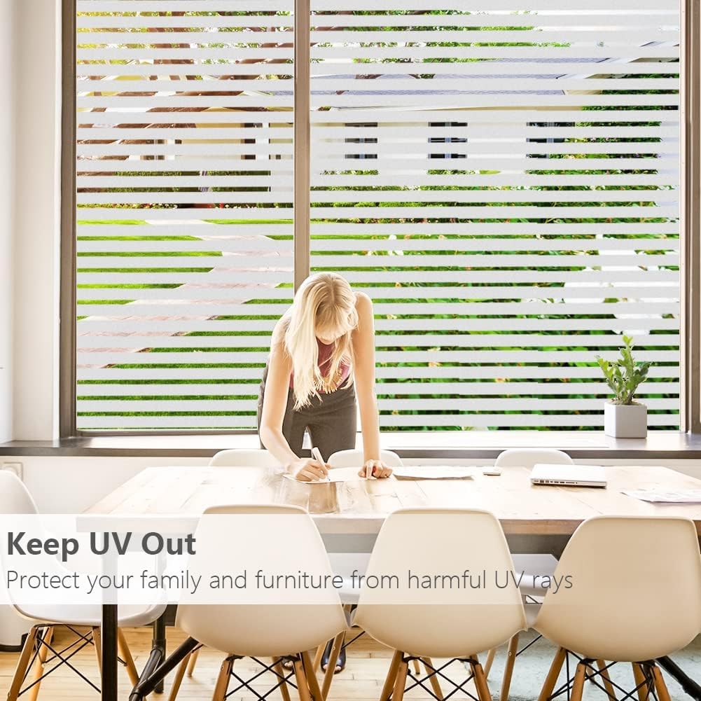 Qualsen Window Film Privacy, Frosted Window Film Stripe Window Film Privacy Window Film Self Adhesive Static Glass Window Film Window Cover for Office, Home, Kitchen (60 x 200 cm, Wide Stripe) 60 x 200 cm