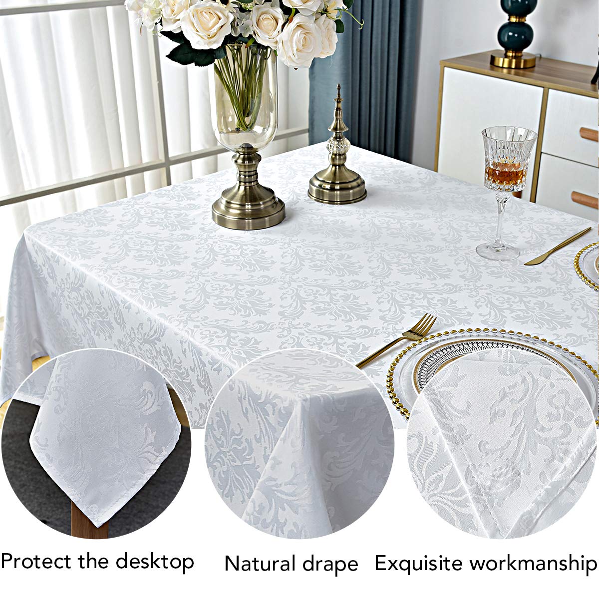 Rectangle Tablecloth -152 x 305CM White Damask Table Cloth Jacquard Design Spill Proof Wrinkle Resistant Waterproof Soft Polyester Oblong Table Cover for Kitchen Parties Tabletop White Damask Design Rectangle/Oblong,150x 305cm(10-12 Seats)