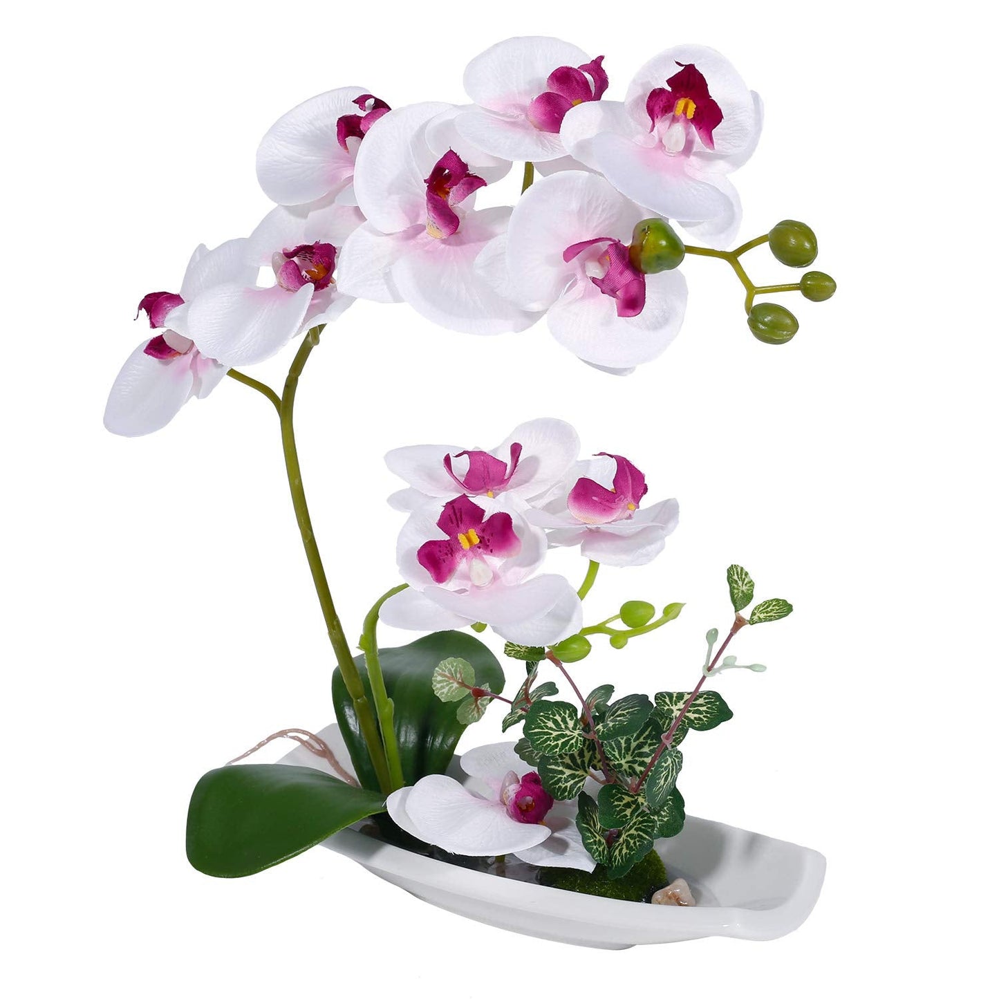 RENATUHOM Artificial Orchid Flower White Orchid Fake Flowers Mothers Day Orchid Silk Flower Arrangements Purple Flowers with Porcelain Vase Bonsai Decoration White Purple Orchid