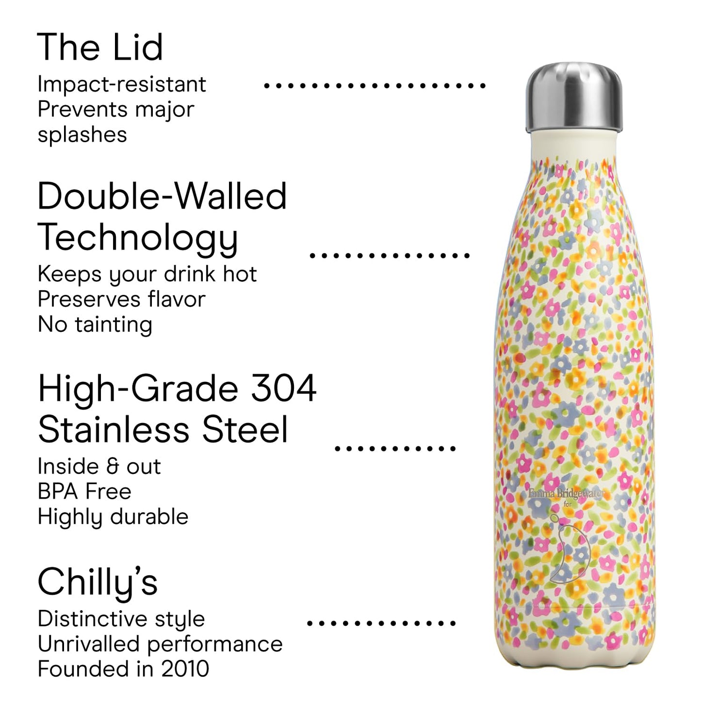 Chilly's Water Bottle - Stainless Steel and Reusable - Leak Proof, Sweat Free - Wildflower Meadows, 500ml