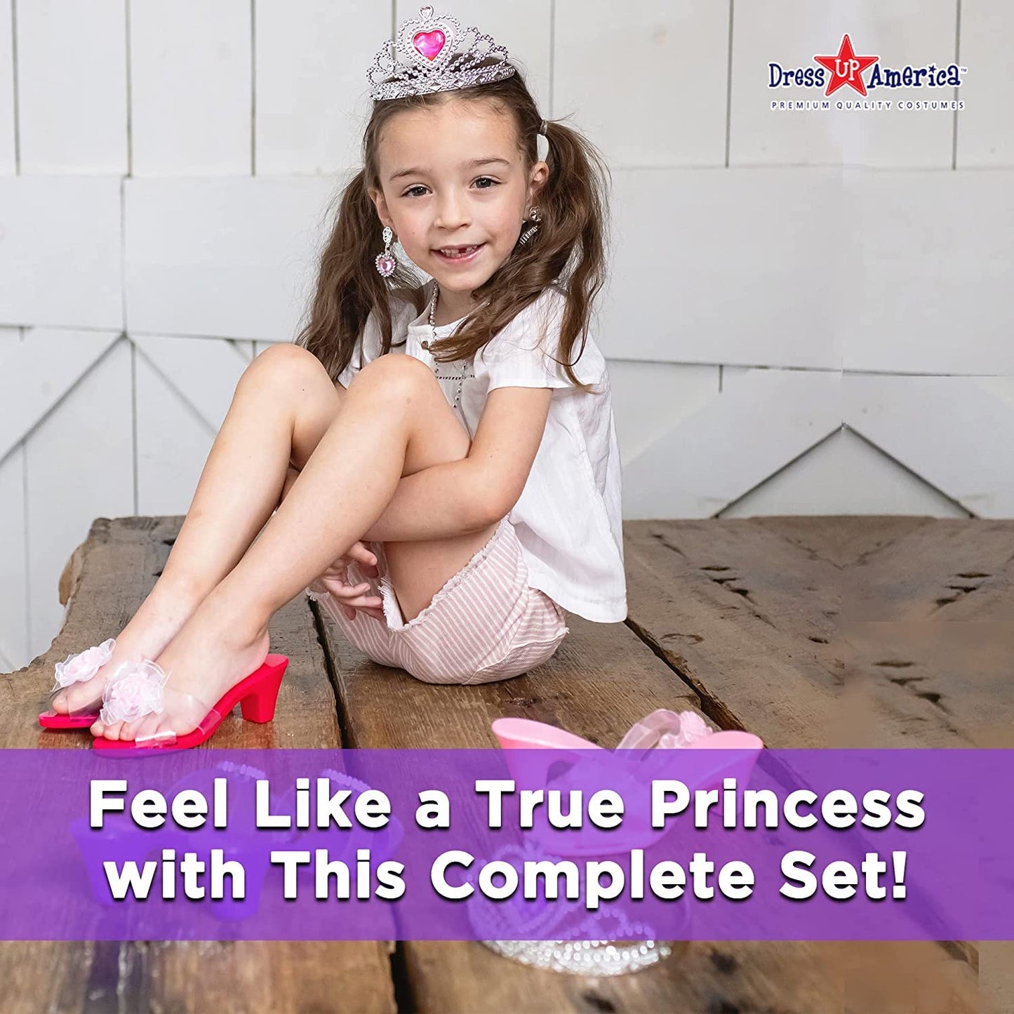 Dress Up America My Princess Dress Up Shoes Set for Kids- Crown for Girls, 3 Shoe Pairs,Earrings,Necklace - Little Girl and Toddler Role-Play Gift Set