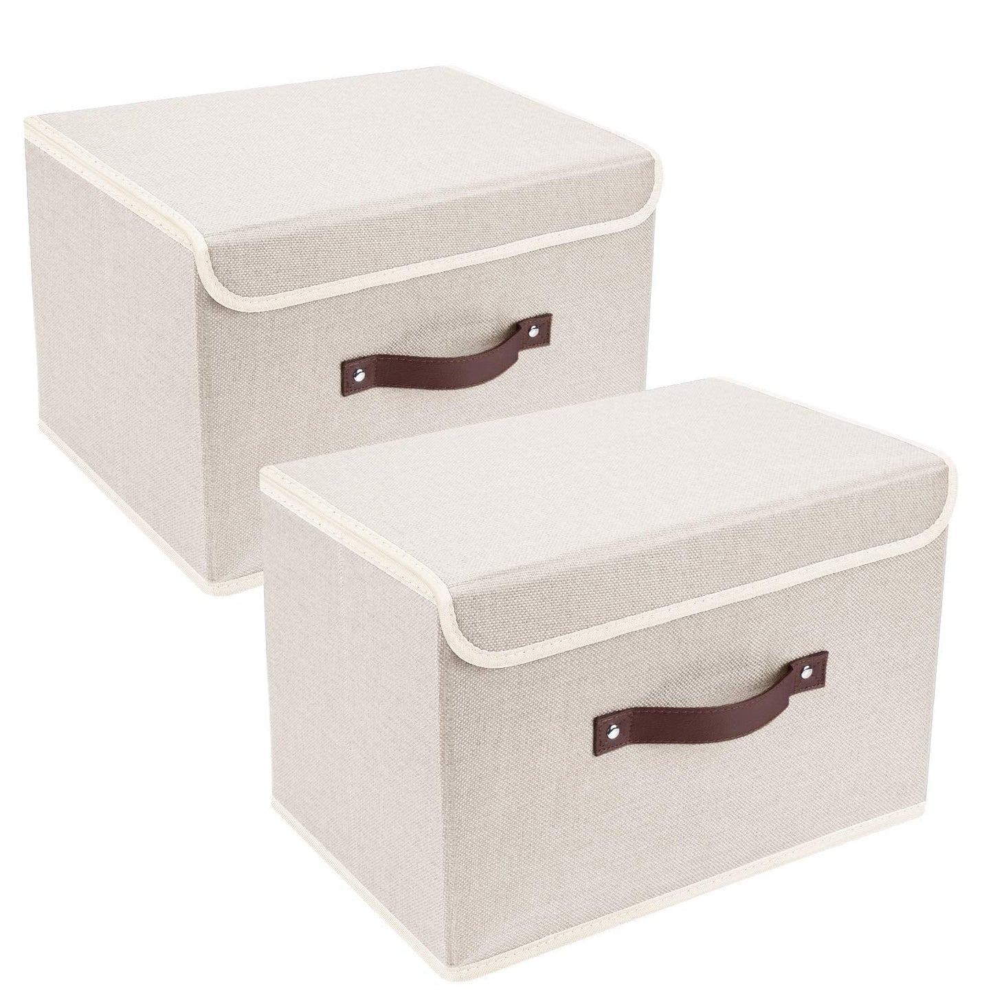 TYEERS Collapsible Storage Box with Lid, Fabric Storage Box for Clothes, Wardrobe Storage, 38x25x25 cm, Set of 2, Beige