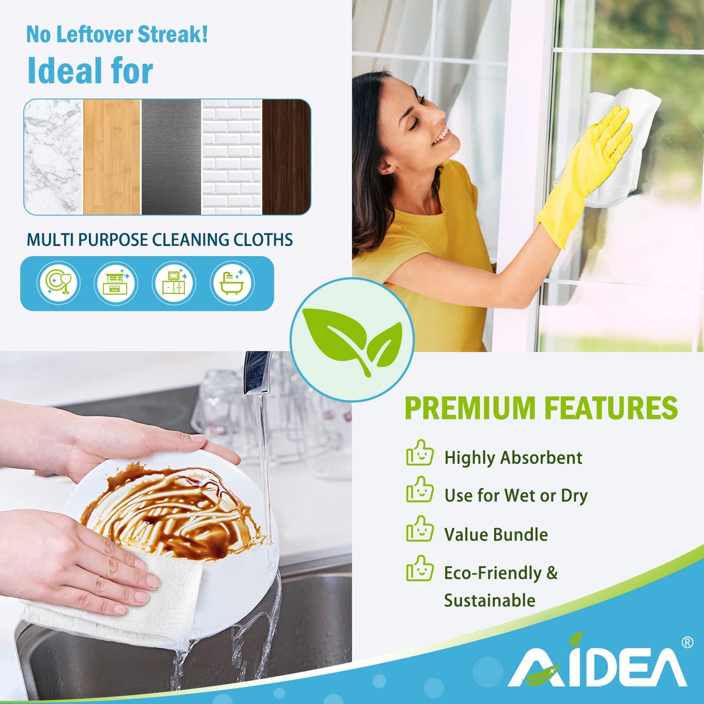 AIDEA Microfibre Cleaning Cloths Pack of 8, Multifunctional Reusable Cleaning Towels, Lint Free Streak Free Washable Cloth Duster for House, Kitchen, Car, Moto, Windows 29 x 29 cm White