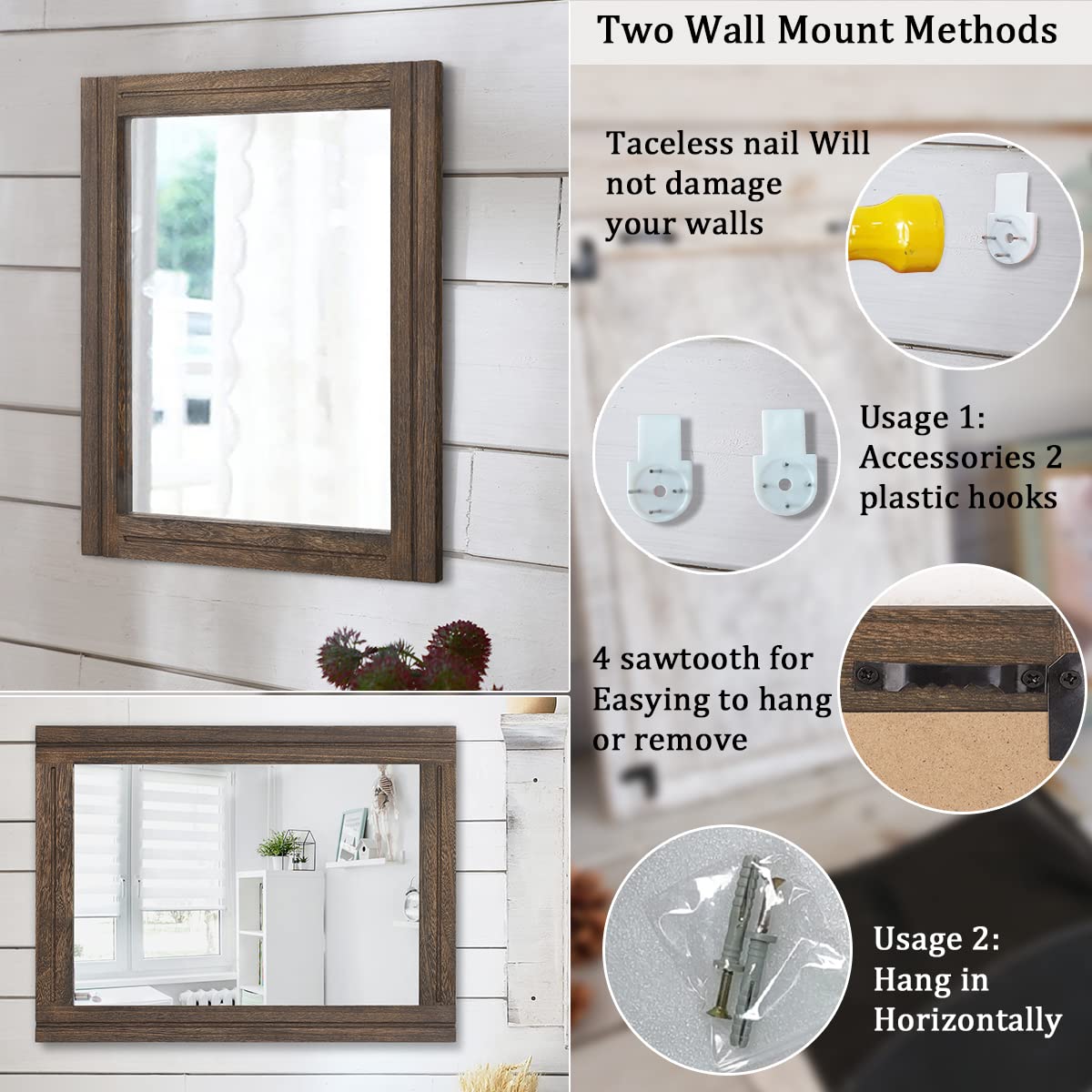 AAZZKANG Rustic Wood Mirror 50 x 40 cm Rectangle Decorative Wall Mirror with Frame Bedroom Living Room Bathroom Hanging Mirror Retro Brown