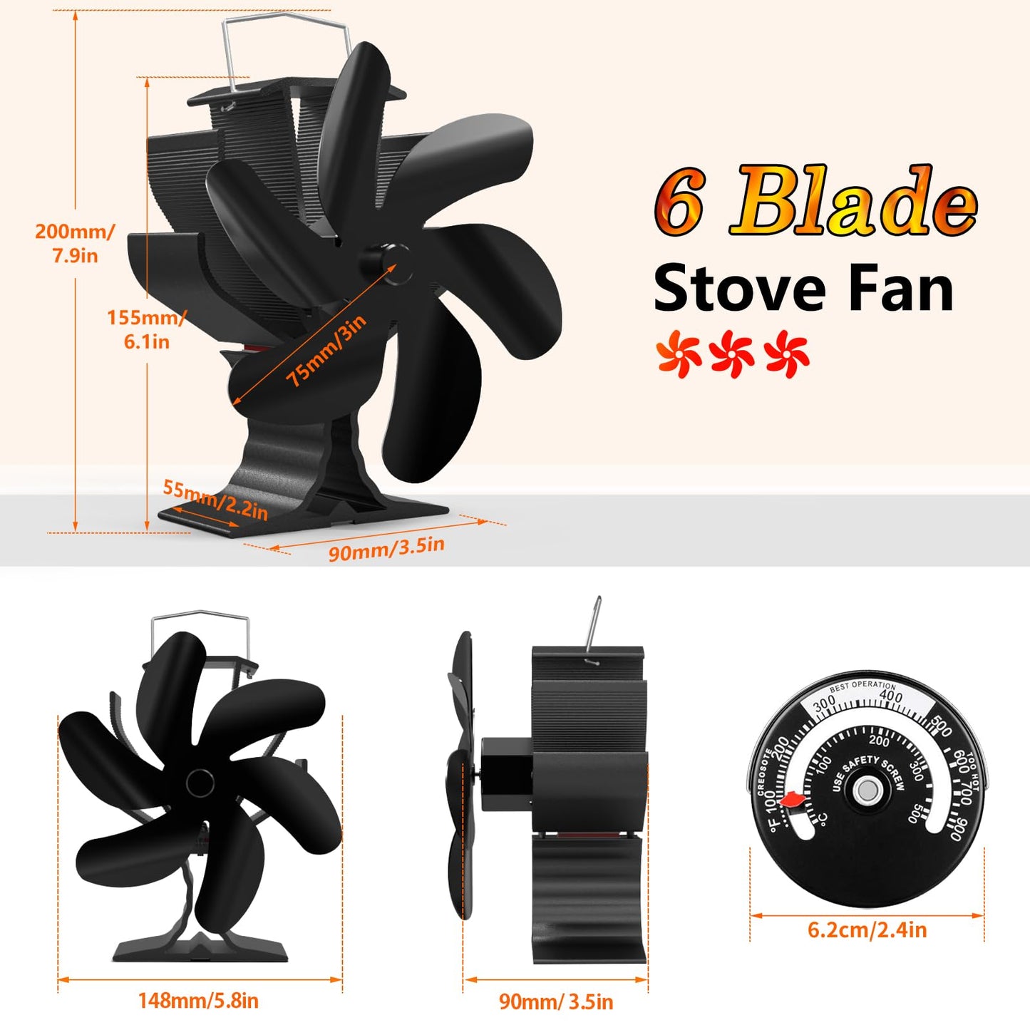 Signstek Wood Stove Fan Log Burner Fan Wood Burner Fireplace Fan Big 6 Blades Fan Heat Powered Eco Fireplace Fans Silent for Wood/Log Burner/Fireplace