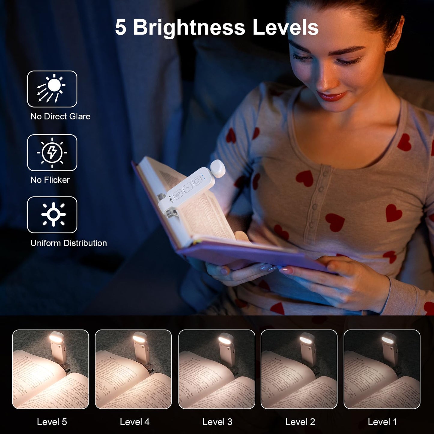 Gritin LED Book Light Rechargeable, Reading Light Lamp Clip on Book, 3 Eye-Protecting Modes (Mixed/White/Amber) & 5 Brightness Levels, Flexible Mini Book Light for Reading in Bed, Book Lovers - White