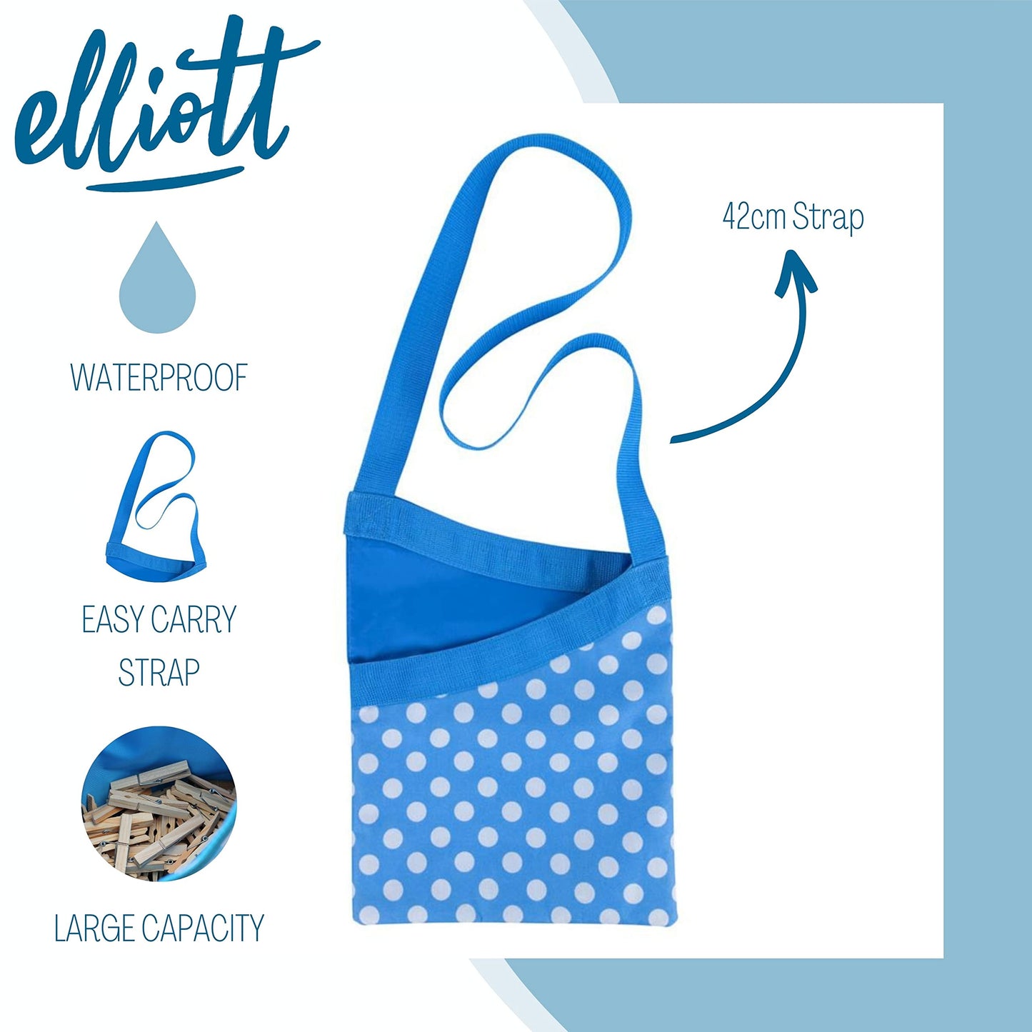 Elliott Peg Bag in Blue and White Polkadot Pattern with Shoulder Strap for ease of use, Will hold between 72 and 108 pegs, Strong durable water resistant Material