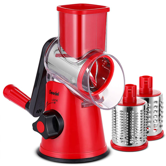 Rotary Cheese Grater, Vegetable Slicer with Three Drum Blades, Grater for Kitchen Faster and Easy Cutting, Rotary Drum Grater Ideal for Cheese, Cucumber, Carrot, Nuts, etc. Red