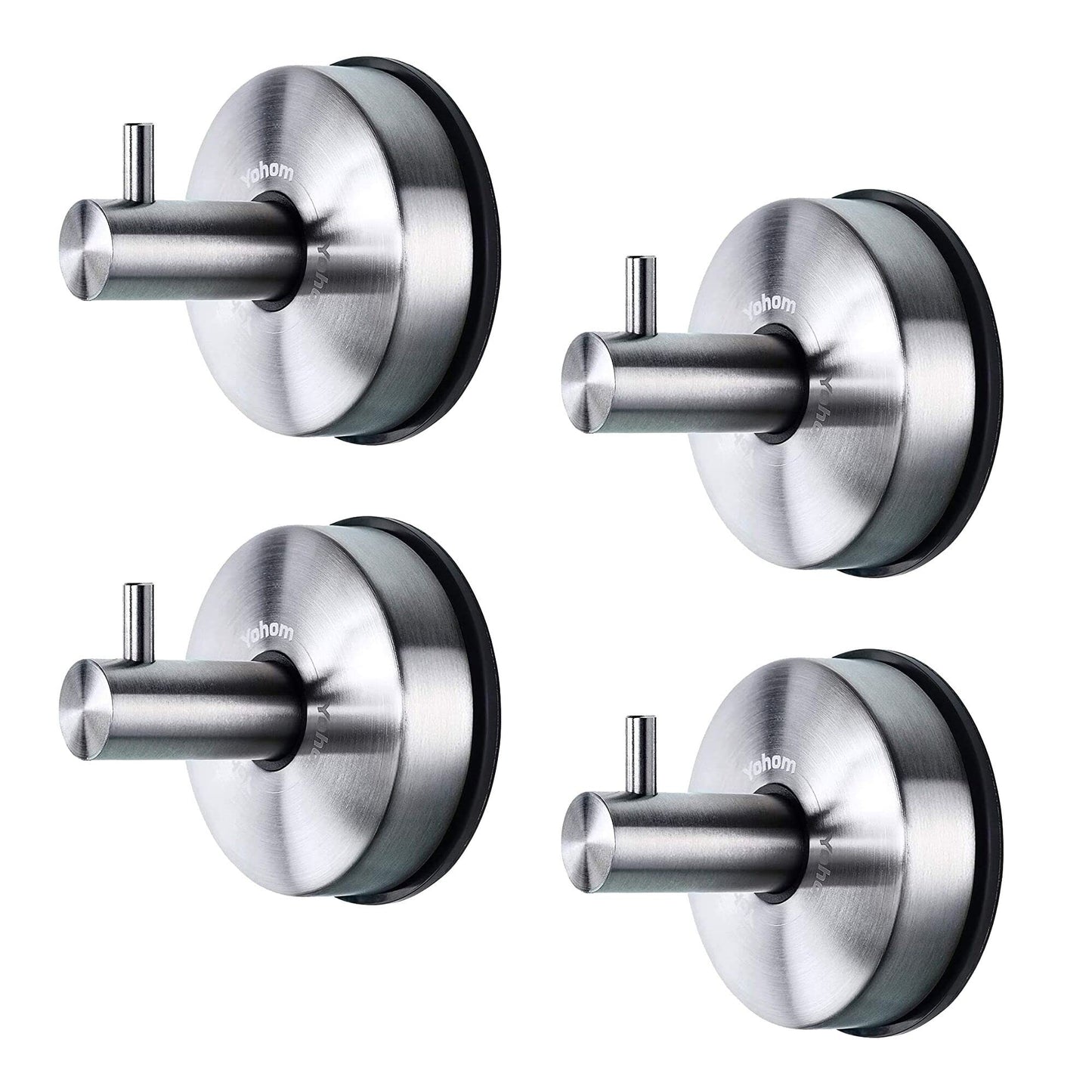 YOHOM Suction Cup Towel Hooks for Bathroom Kitchen Sucker Shower Hook Bathroom Towel Hooks Suction Tea Towel Holder Stainless Steel Heavy Duty Suction Hook Coat Hanger for Robe No Drill Silver 4Pcs 4 Packs Brushed Silver