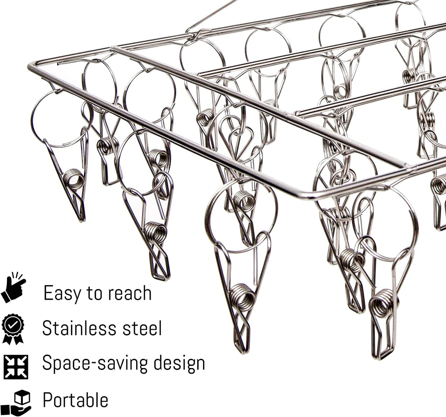 Straame Metal Sock Hanger, Stainless Steel Drying Rack with 36pcs Pegs and Swivel Hook, Windproof Laundry Metal Square Hanger for Socks, Underwear and Small Items (2) 2