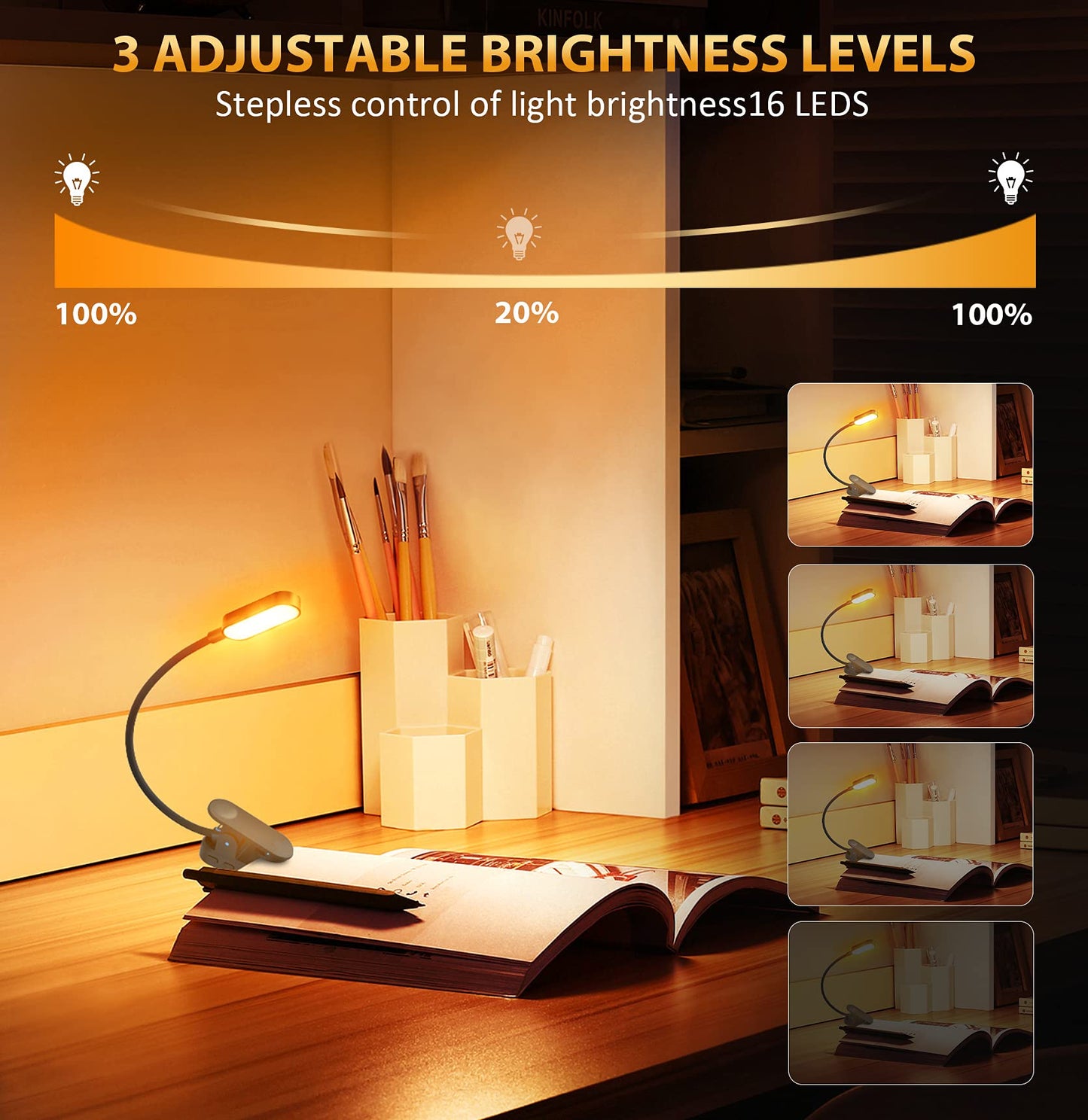 16 LED Book Light,Clip Light with Flexible Neck,USB Rechargeable Reading Light Clip on Book,Anti-Blue Light Eye Care Reading Lights for Books in Bed,Stepless Dimming,3 Color&3Brightness Modes Blcak 1 pack