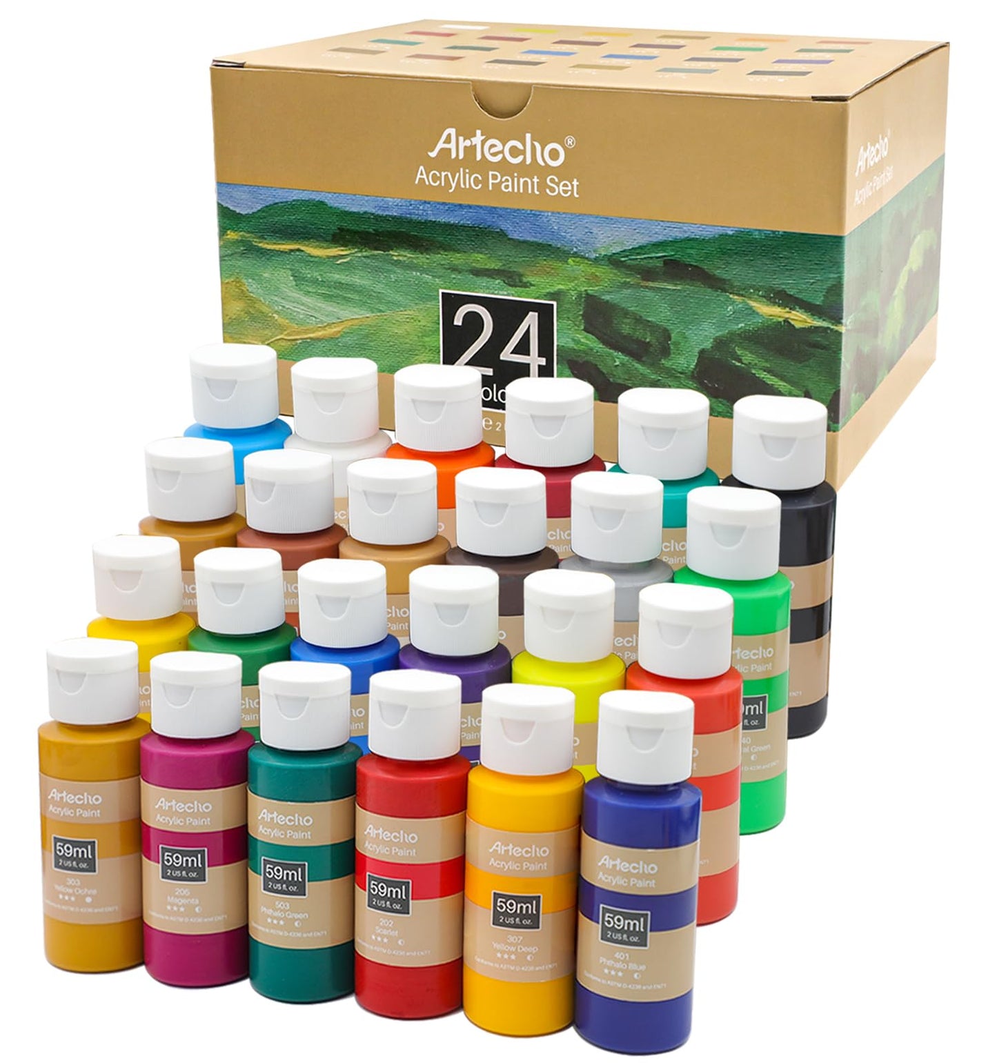 Artecho Acrylic Paint Acrylic Paint Set for Art, 24 Colors 2 Ounce/59ml Basic Acrylic Paint Supplies for Wood, Fabric, Crafts, Canvas, Leather&Stone 24 colours