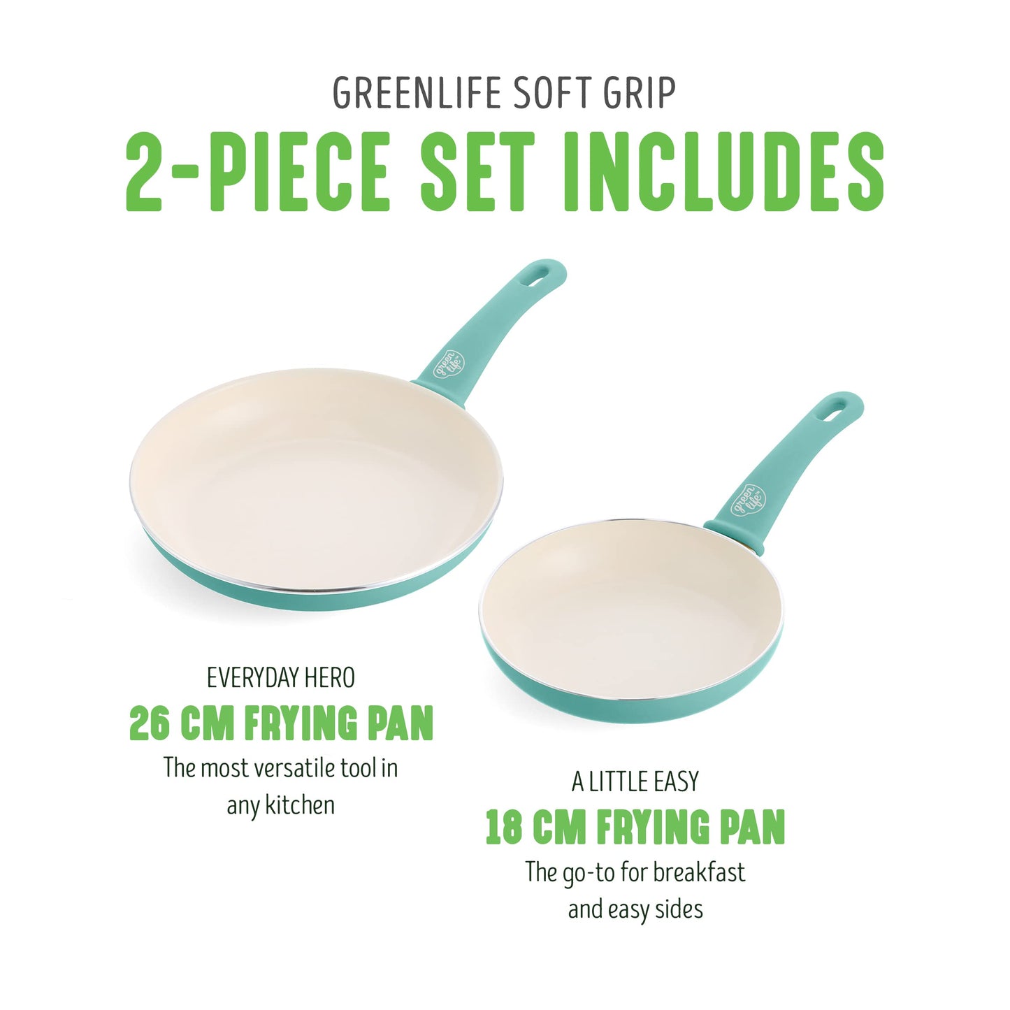 GreenLife Soft Grip Healthy Ceramic Non-Stick 2 Piece 18 cm and 26 cm Frying Pan Skillet Set, PFAS-Free, Oven Safe, Turquoise