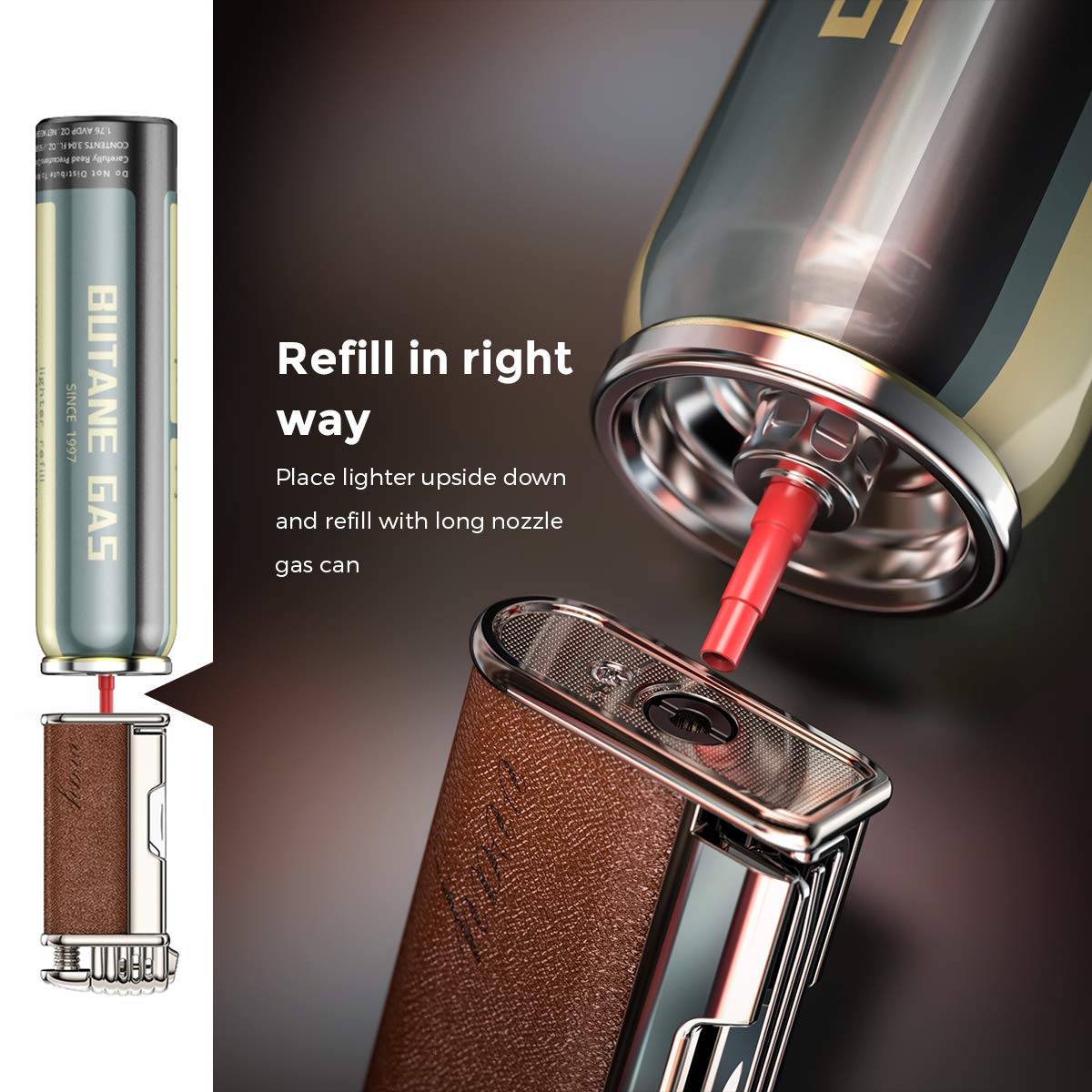 Tobacco Pipe Lighter for Smoking with Metal Tools Angled Soft Flame Butane Gas Refillable Gift for Men Smokers (Sold without Gas)