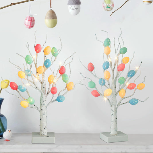 Eambrite Set of 2 Easter Decorations Eggs Tree for Home Table Decor, White Twig Tree Battery Operated with Timer, Easter Gifts for Kids and Adults (22'', 24 Warm White LED)