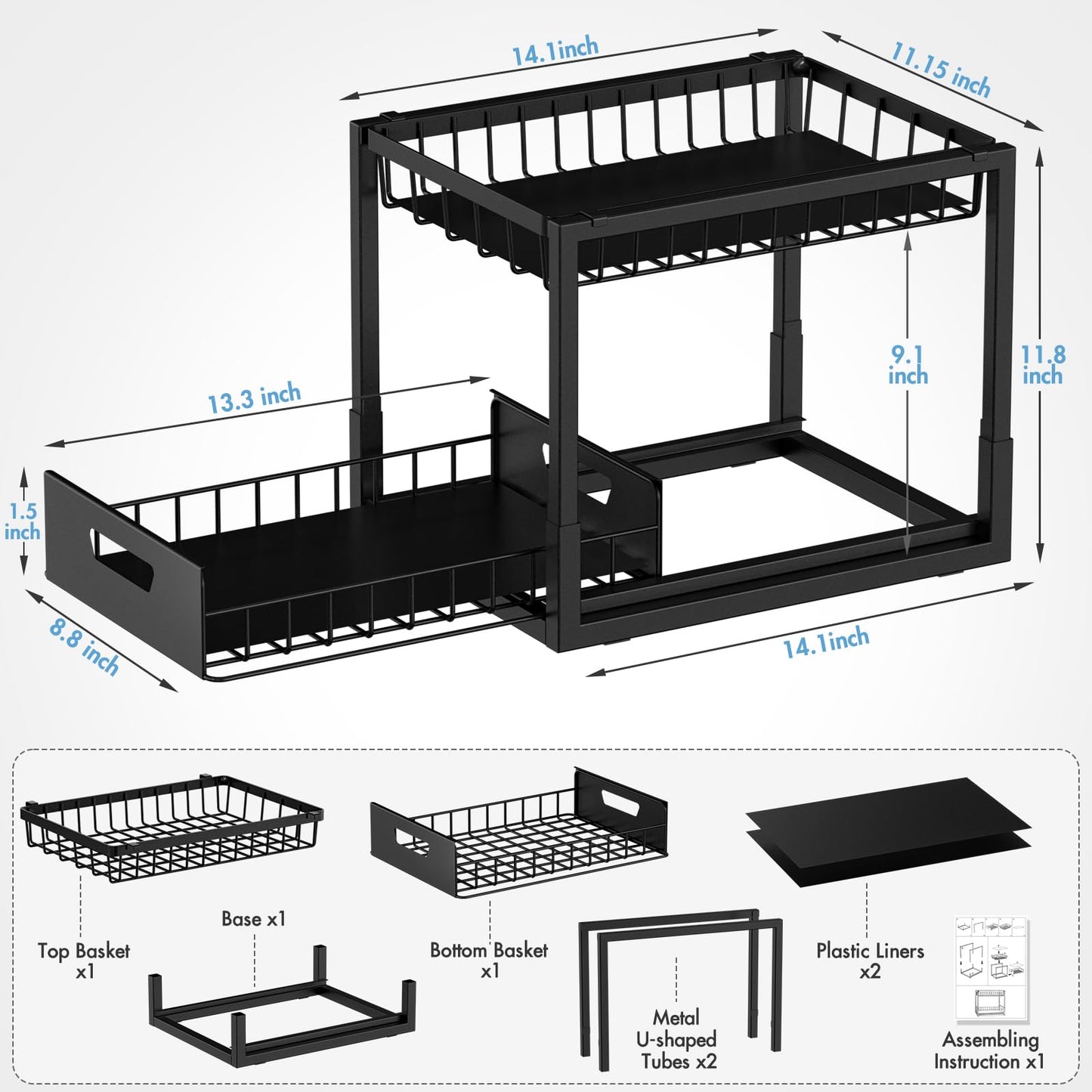 Avaspot Metal Under Sink Storage, 2 Tier Under Sink Organiser Comes with 4 Non-Slip Pads and Slide Out Drawer, 2 Plastic Liners for Small Items for Kitchen/Bathroom Black