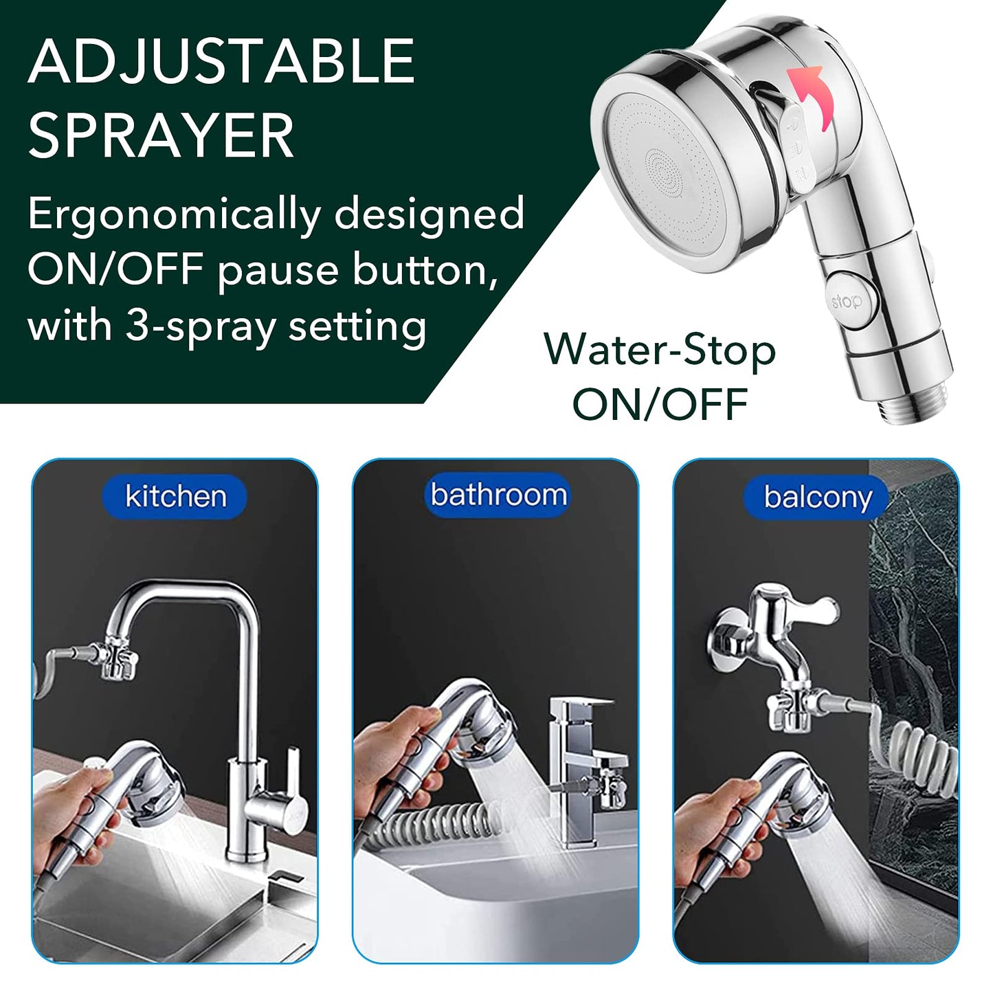 Roscid Sink Faucet Sprayer Attachment Set, Kitchen Bathroom Pet Bathing Shower Head with 9.8ft Hose and G1/2 / M22 / M24 Faucet Adapters, Hair Washing, Dog Shower and More (Faucet Not Included) Silver