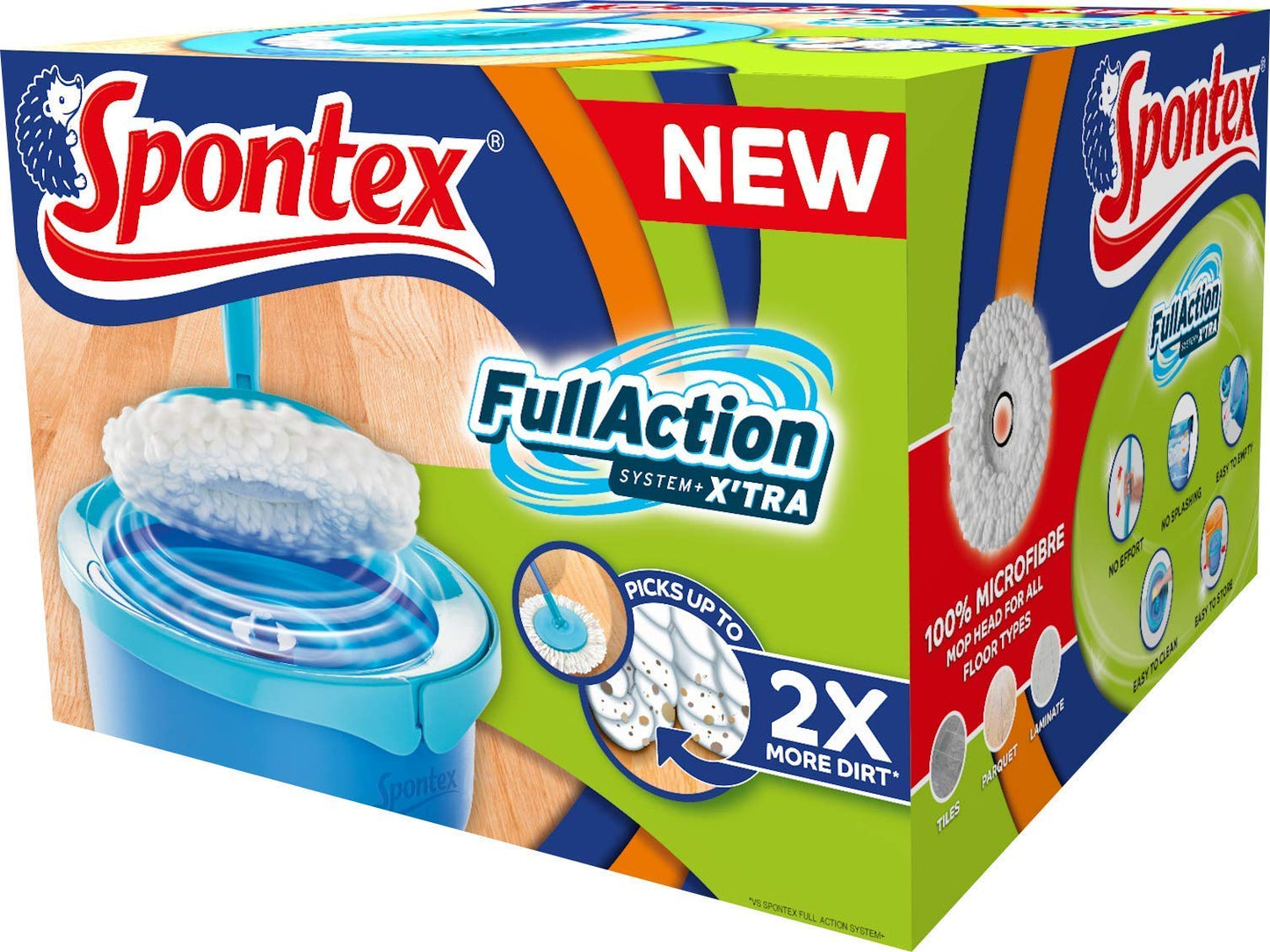 Spontex Full Action System Spin Mop and Bucket Set - Easy 360° Wringing & Rinsing System - Cleans Laminate, Wood & Tile Flooring - 2 x Microfibre Mop Head Refills Full Action System Set - Extra Refill