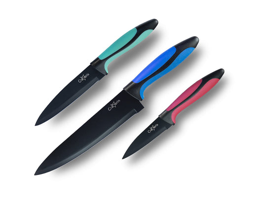 craverix Professional Kitchen Knife Set - Rust Proof, Stainless Steel - All Purpose 3 Piece Colorful Kitchen Knives(Chef, Pairing & Utility) - Firm Grip with Non Stick Coated Blades 3pc Set Blue|green|red