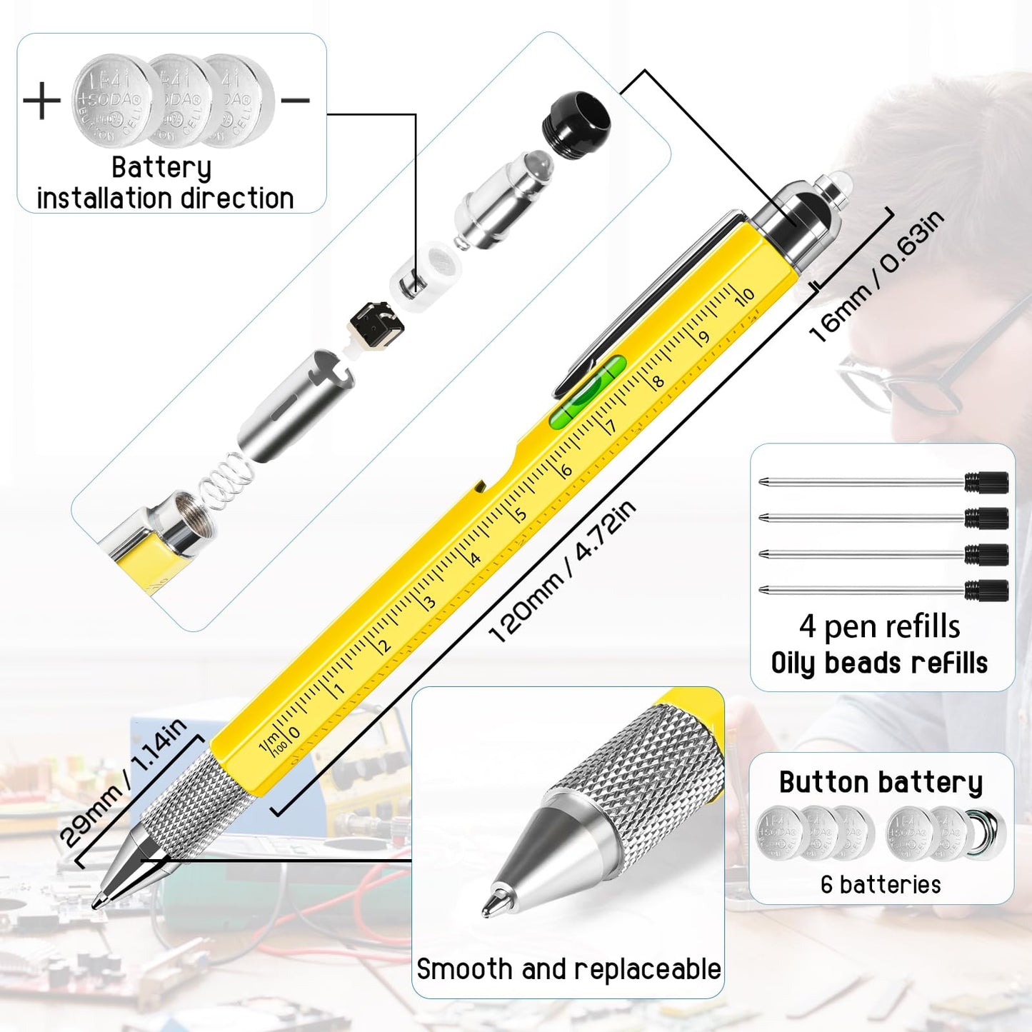 Chipate Gifts for Men, 9 in 1 Multi Tool Pen Mens Gifts, Father's Day Gifts, Gadgets for Men, Dad Gifts,Birthday Gifts for Him,Fathers Day Dad Gifts from Daughter/Son,Gifts for Men Who Have Everything Yellow