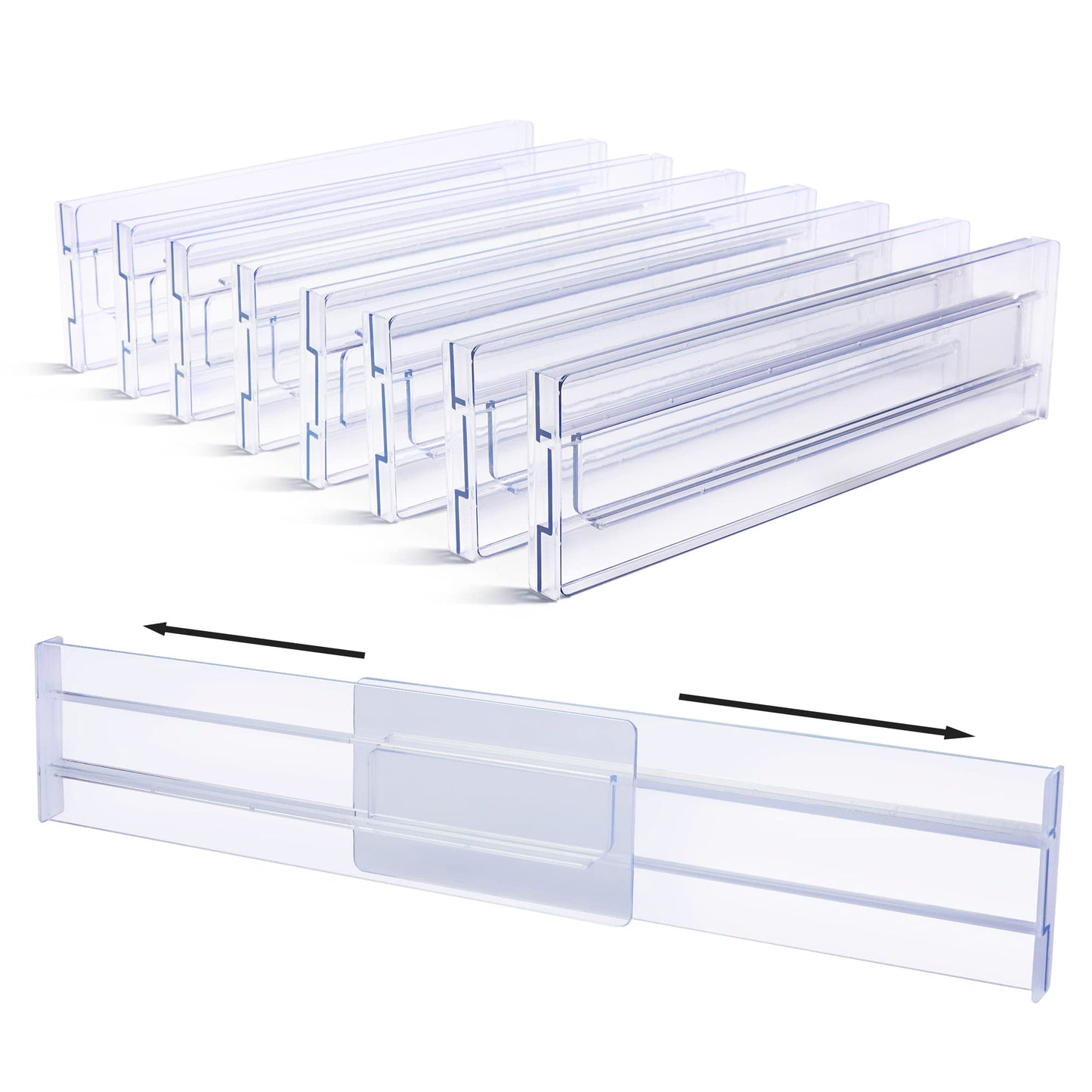 Vtopmart 8 Pack Drawer Dividers, 3.2" High Expandable from 12.2-21.7" Adjustable Drawer Organisers，Clear Plastic Drawers Separators for Clothing, Kitchen Utensils and Office Storage