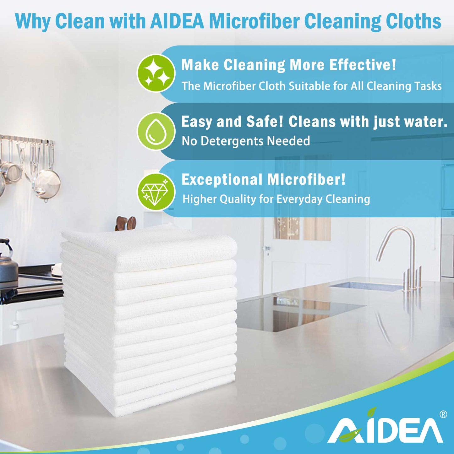 AIDEA Microfibre Cleaning Cloths Pack of 8, Multifunctional Reusable Cleaning Towels, Lint Free Streak Free Washable Cloth Duster for House, Kitchen, Car, Moto, Windows 29 x 29 cm White