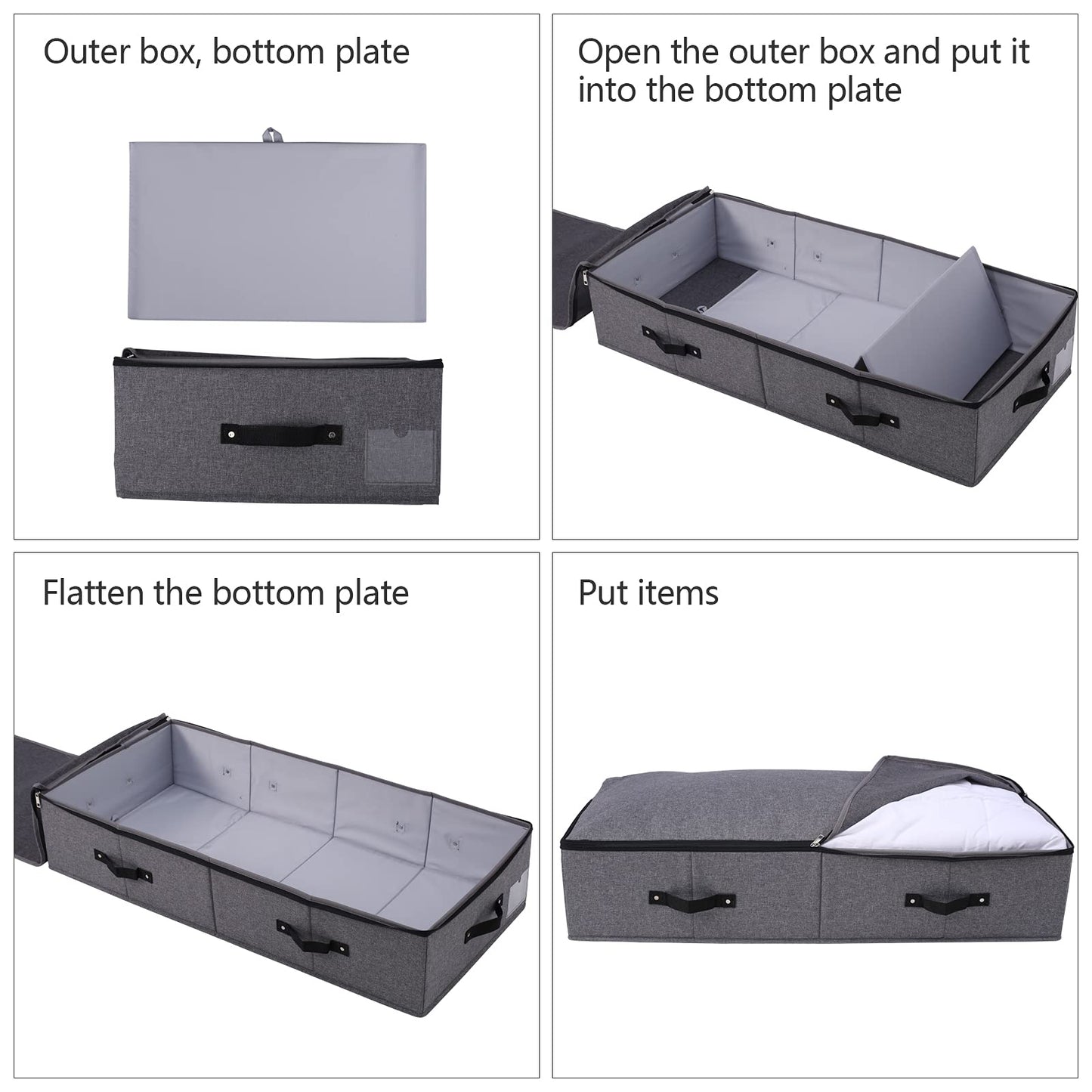 Foldable Under Bed Storage Box with Plastic Support Liner, 6 Handles, Zipper Lid, Blankets Clothes Comforters Storage Bin Organizer for Bedroom and Closet, 90×42×18cm, Black Grey