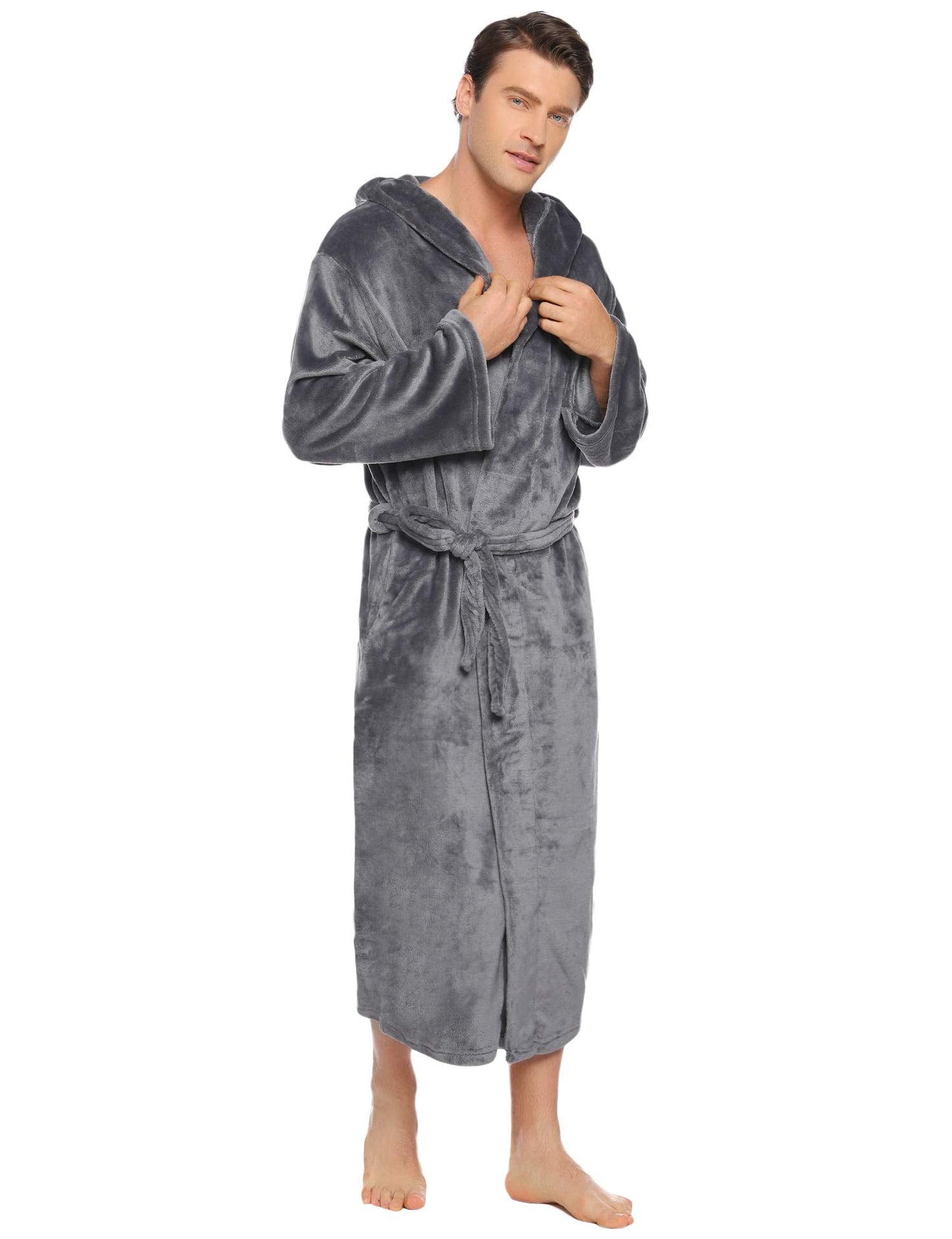 Vlazom Men Dressing Gown, Hooded Warm Robes Flannel Soft Bathrobe Fluffy Housecoat for Winter Dark Grey 3XL