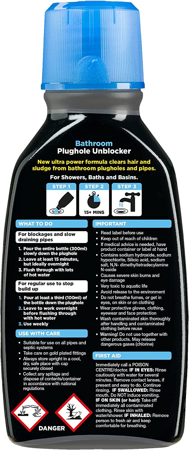 Buster Bathroom Plughole Unblocker 300ml, Pack of 2 – Unblock Hair & Sludge from Showers, Baths & Sinks – Fast-Acting Plughole Unclogger, Clears Blockages & Slow-Draining Water