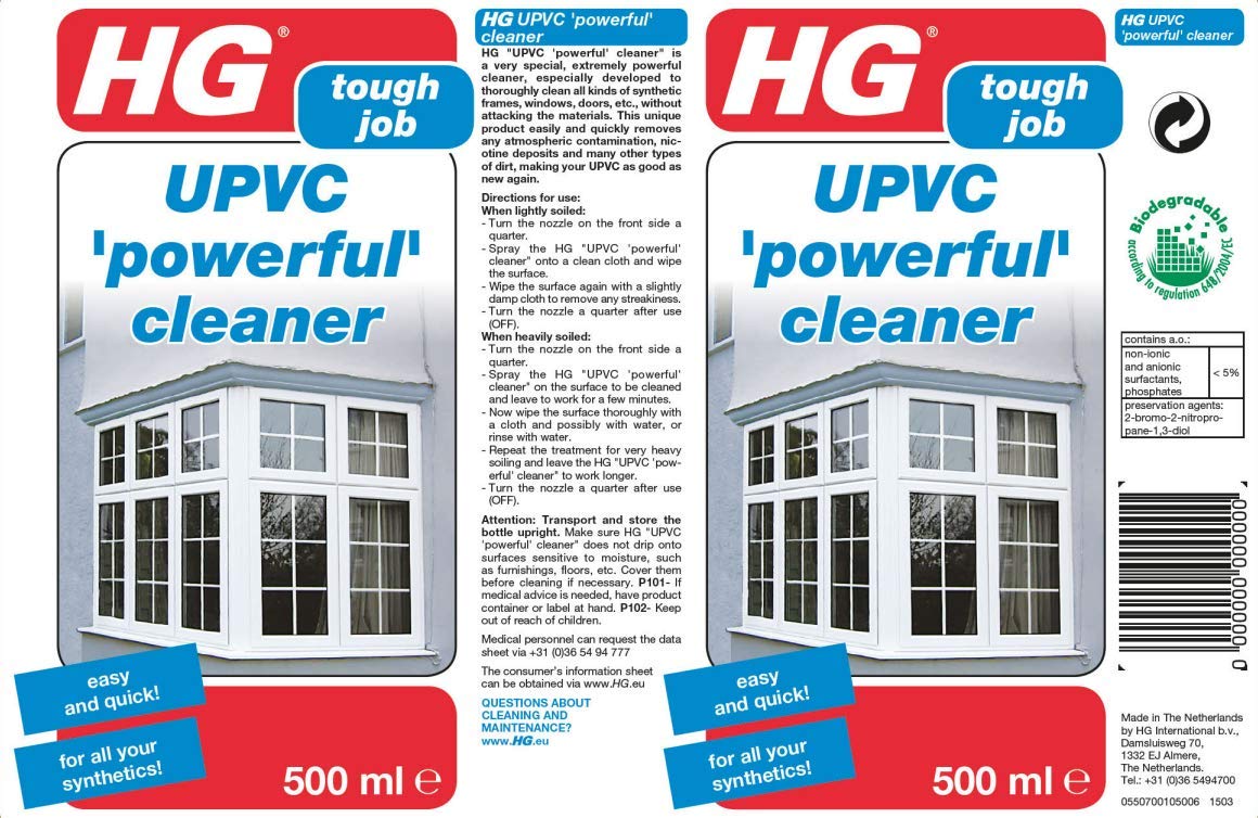 HG UPVC Powerful Cleaner, Quick & Easy, For All Synthetics, Ideal for Doors & Window Frames, White - 500ml Spray (507050106)