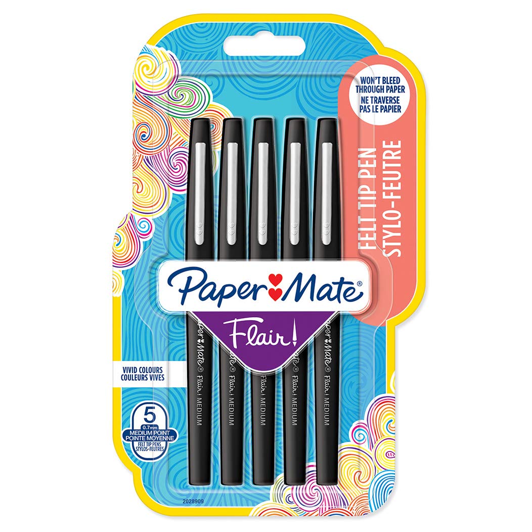 Paper Mate Flair Felt Tip Pens | Medium Point (0.7mm) | Black | 5 Count pack of 5 medium nib