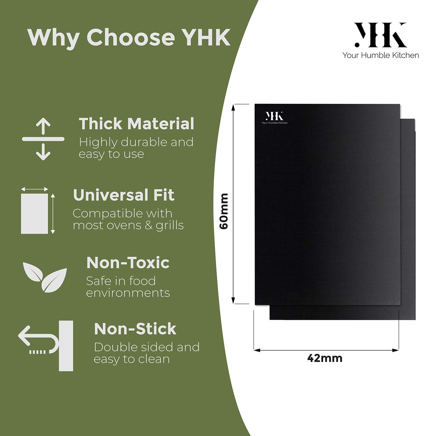 YHK Oven Liner 2 Pack | Premium Heavy Duty Teflon Oven Liners for Bottom of Oven | Reusable Non-Stick Oven Mats for Electric, Gas, Convection & Fan Assisted Ovens | BPA Free | Large 60x42cm