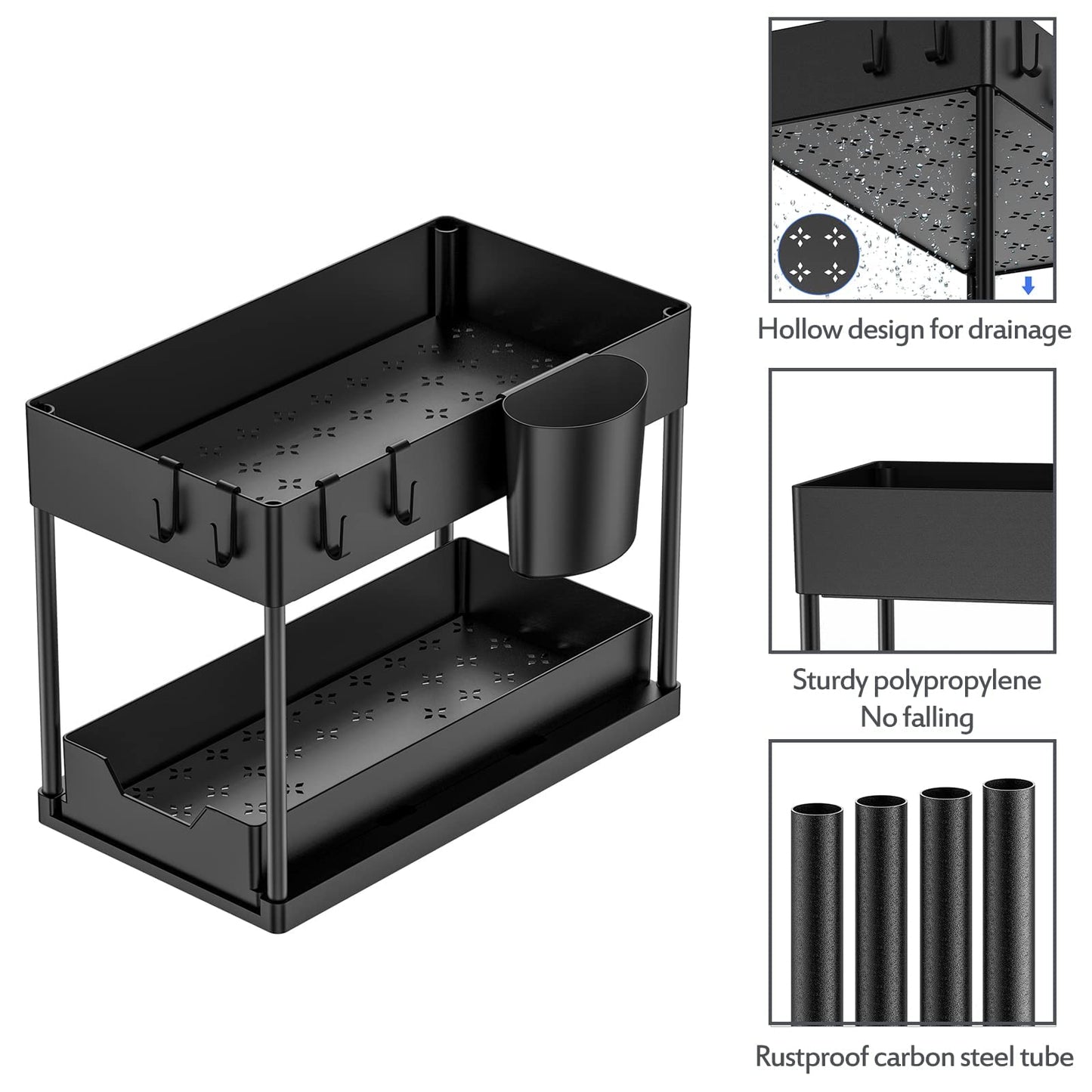 Puricon 2 Pack Under Sink Storage Kitchen Organiser, 2 Tier Under Sink Shelf with Slide Out Drawer, Multi-Purpose Under Sink Bathroom Storage Rack for Countertop Laundry -Black Black