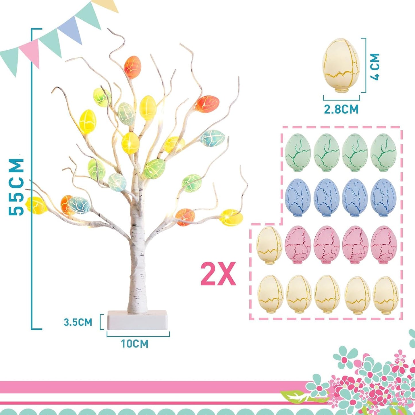 Eambrite Set of 2 Easter Decorations Eggs Tree for Home Table Decor, White Twig Tree Battery Operated with Timer, Easter Gifts for Kids and Adults (22'', 24 Warm White LED)