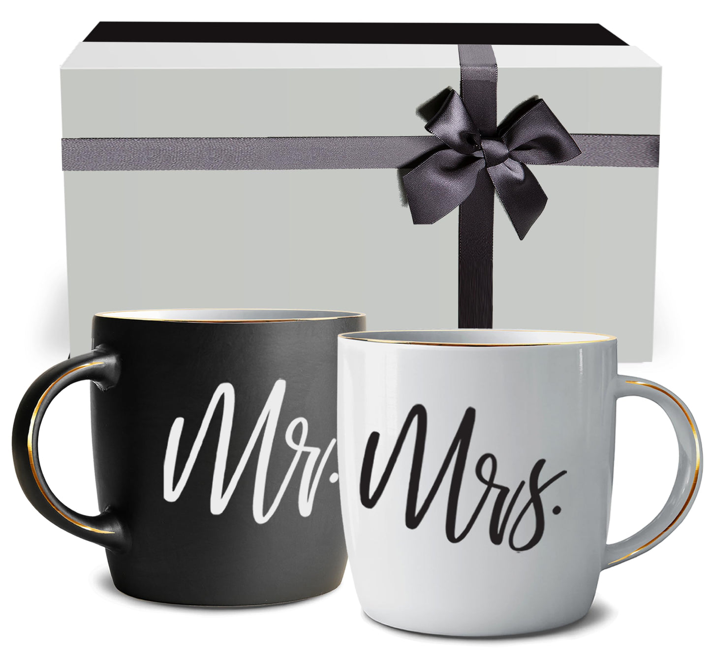 Triple Gifffted Mr and Mrs Coffee Mugs - Engagement Gifts for Couples, Wedding Anniversary, Newlyweds, Bride & Groom, Christmas, Valentines for Parents, His & Hers, Ceramic Cup, 380ML