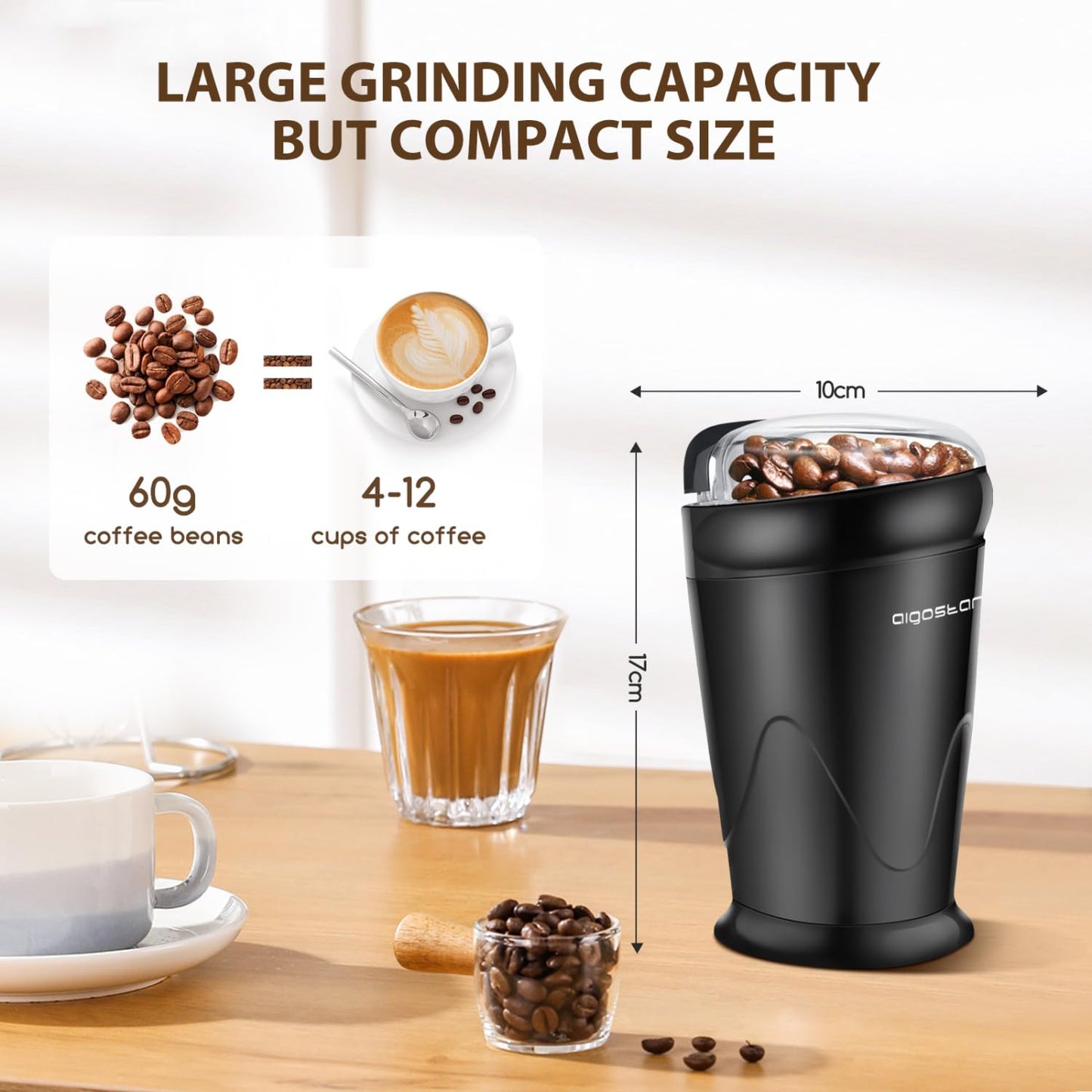 Aigostar Electric Coffee Grinder, Stainless Steel Blade, 150W, 60g Capacity, Cord Storage, Portable & Compact for Coffee Beans, Spice, Nuts, Seeds, Herbs, Black - Breath 30KYI.