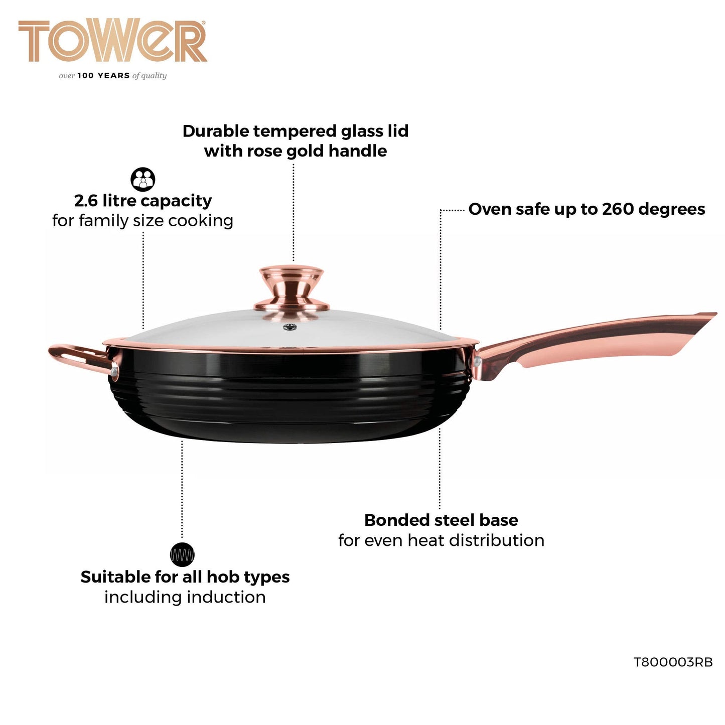 Tower T800003RB Linear Non Stick Induction Saute Pan With Lid, Bonded Stainless Steel Base, Black And Rose Gold, 28 cm Single