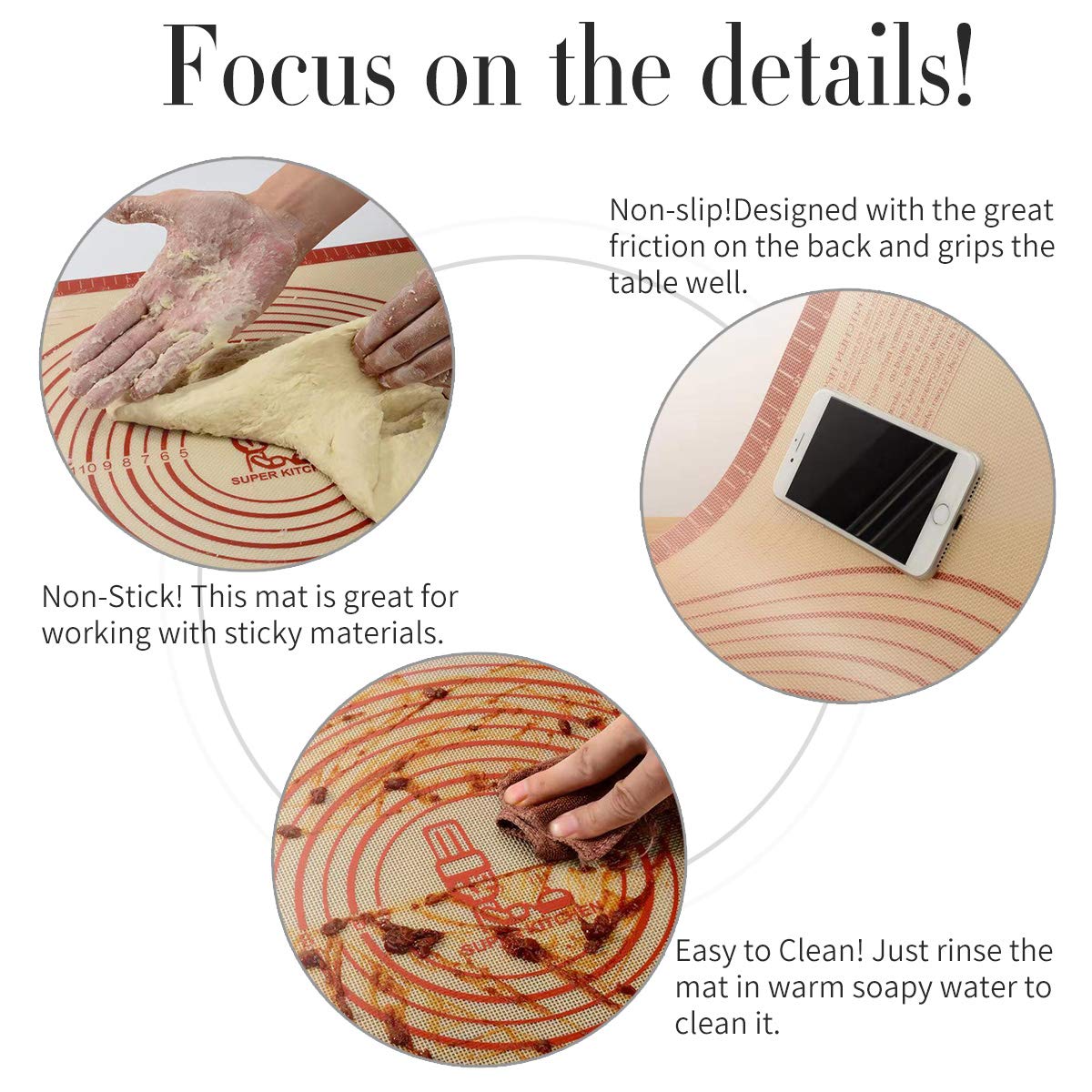 Super Large Non-Slip Silicone Pastry Mat with Measurements 91.4 × 61 cm for Baking Mat, Counter Mat, Dough Rolling Mat, Kneading/Place Mats, Fondant/Pie/Pizza/Bread Mat by Super Kitchen (Red) Red 91.4×61